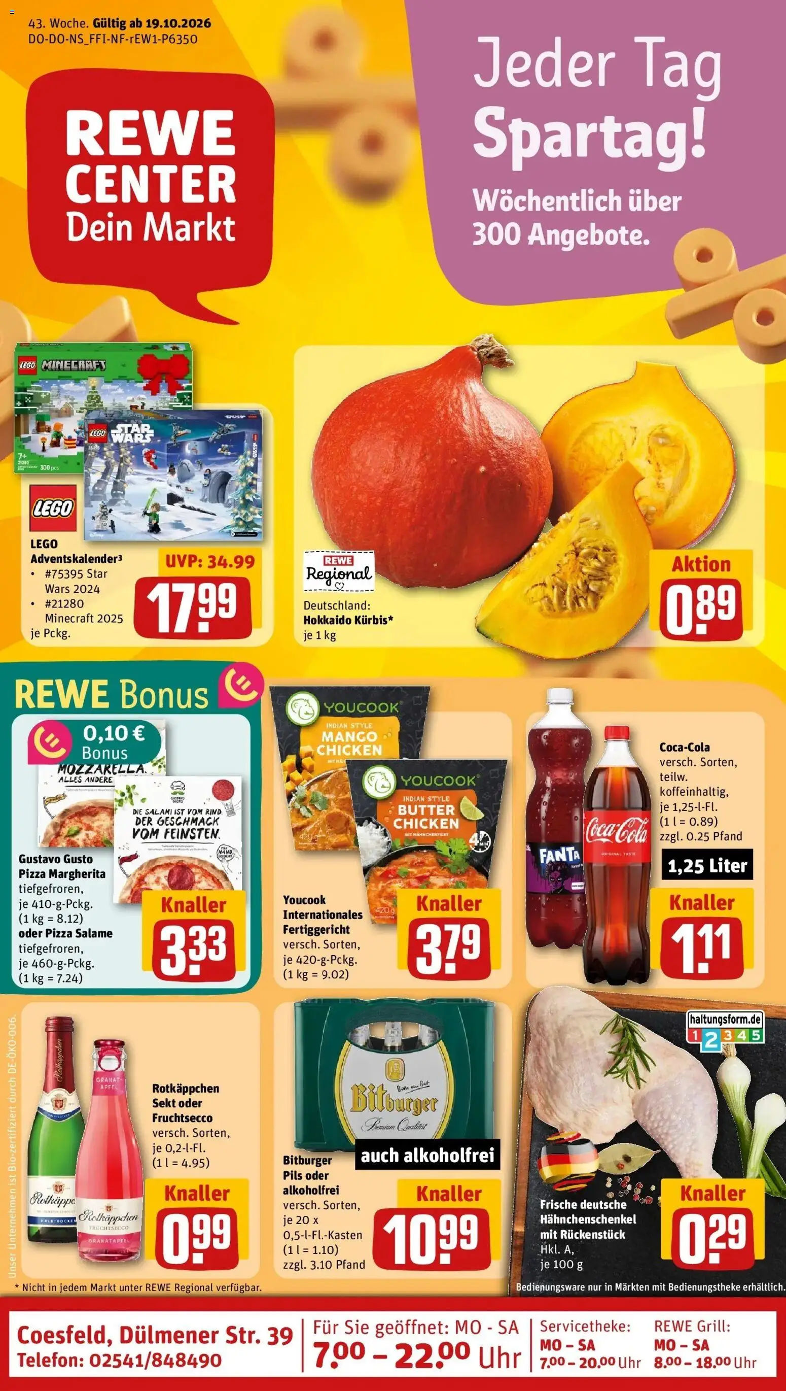REWE Prospekt ab 19.10.2026 zum Blättern » Angebote | Seite: 1 | Produkte: Grill, Hahnchenschenkel, Mozzarella, Fruchtsecco
