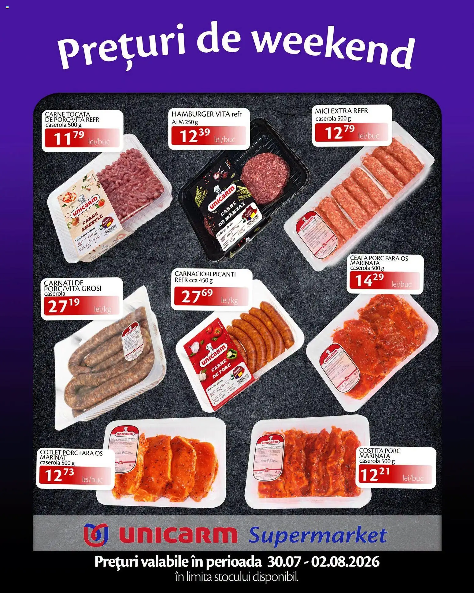 Noul catalog Unicarm – valabil de la 30.07.2026 | Pagină: 2 | Produse: Cotlet porc, Mici, Carne tocată, Cârnați