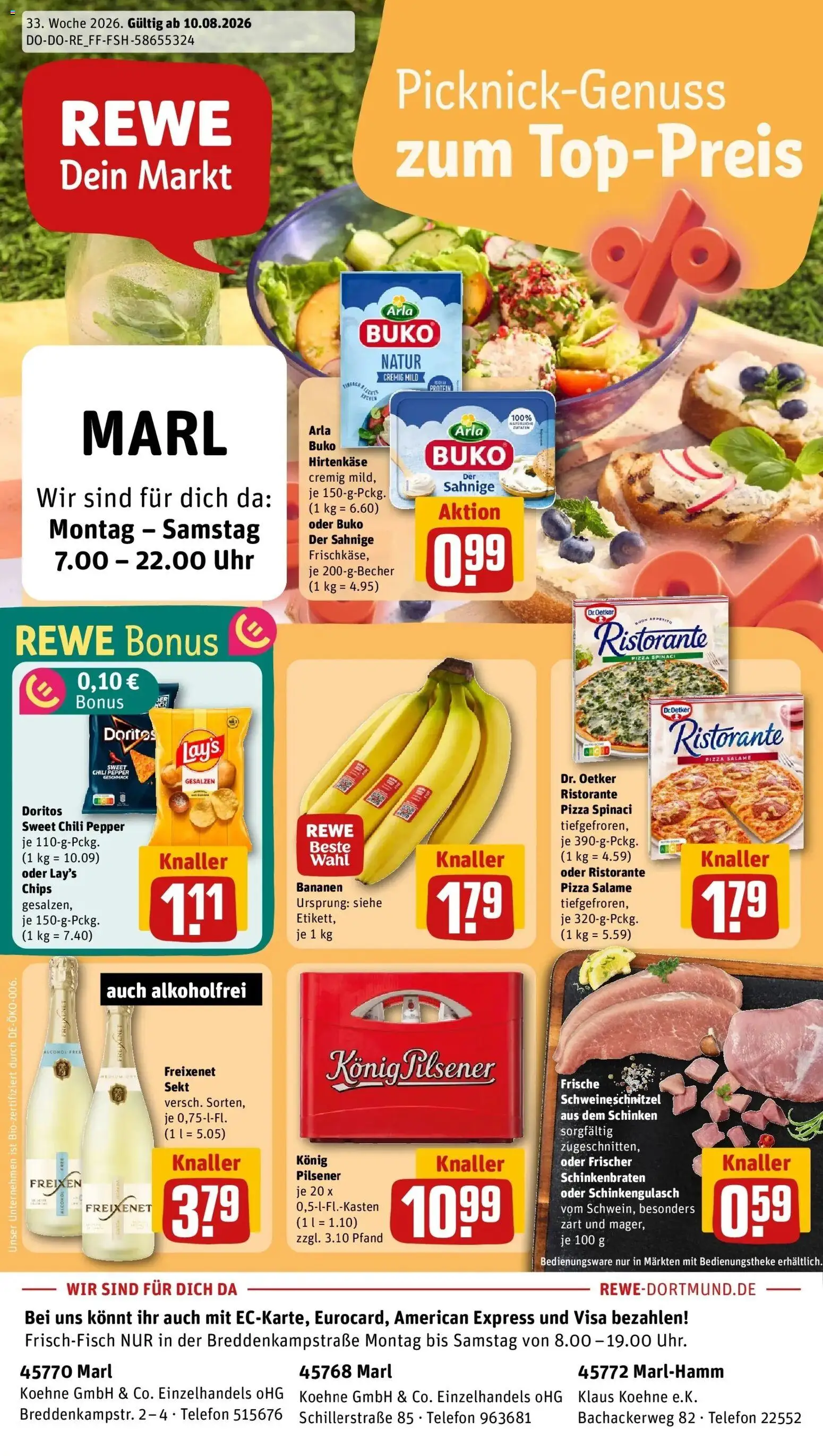 REWE Prospekt ab 10.08.2026 zum Blättern » Angebote | Seite: 1 | Produkte: Bananen, Chili, Schinken, Telefon