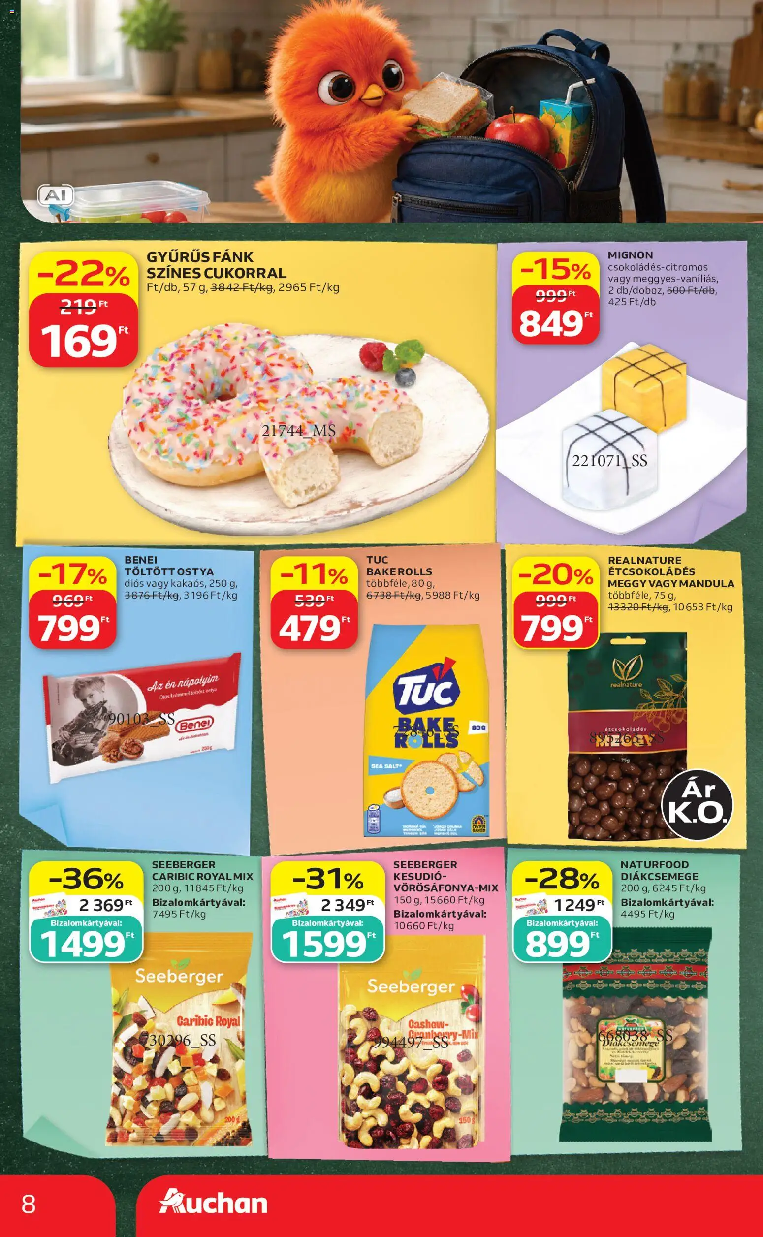Auchan akciós ujság - amely érvényes a következő dátumtól: 2026.08.27. | Oldal: 8 | Termékek: Fánk, Diákcsemege, Meggy, Mandula