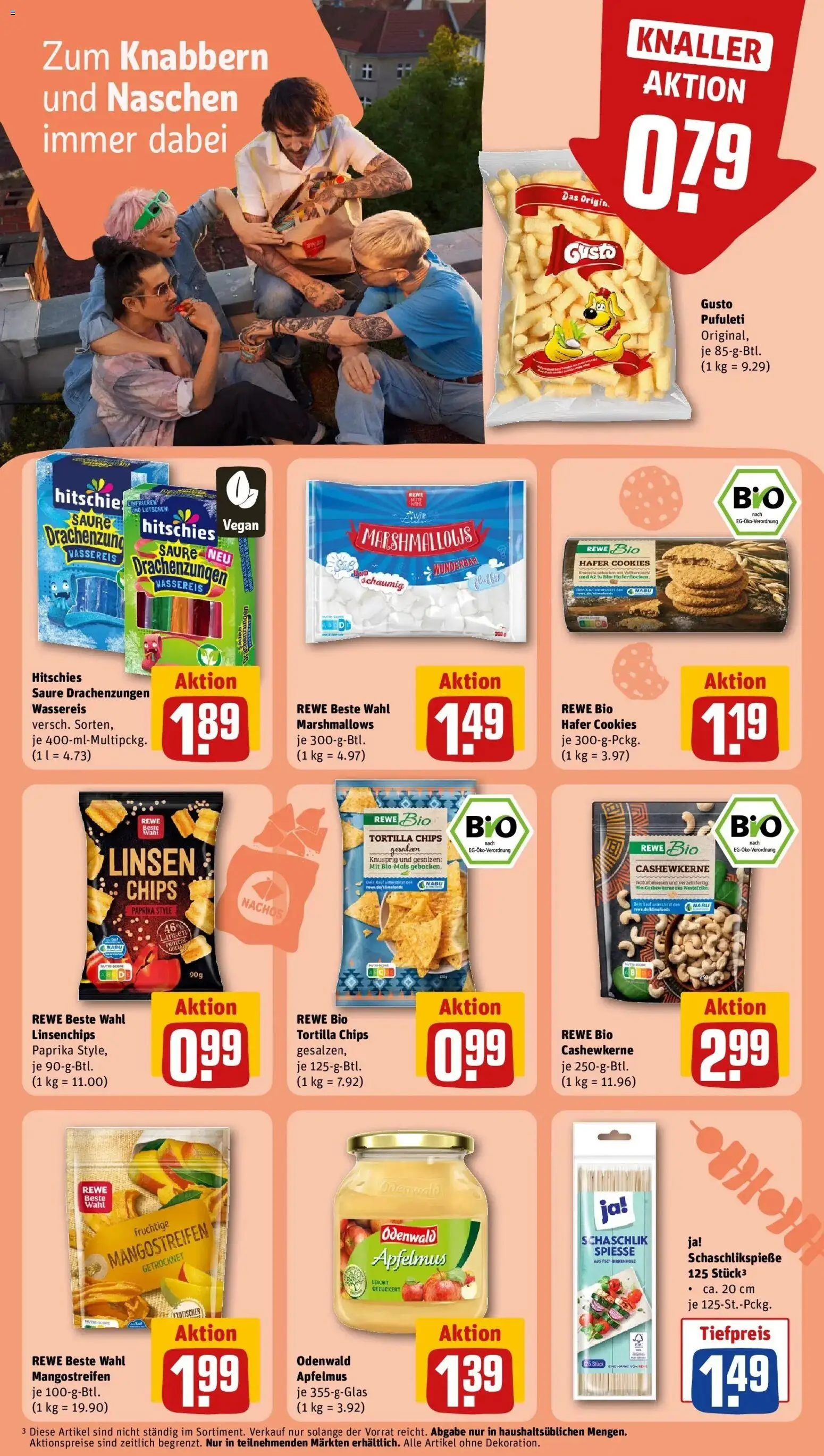 REWE Prospekt ab 10.08.2026 zum Blättern » Angebote | Seite: 19 | Produkte: Nachos, Spieße, Chips, Apfelmus