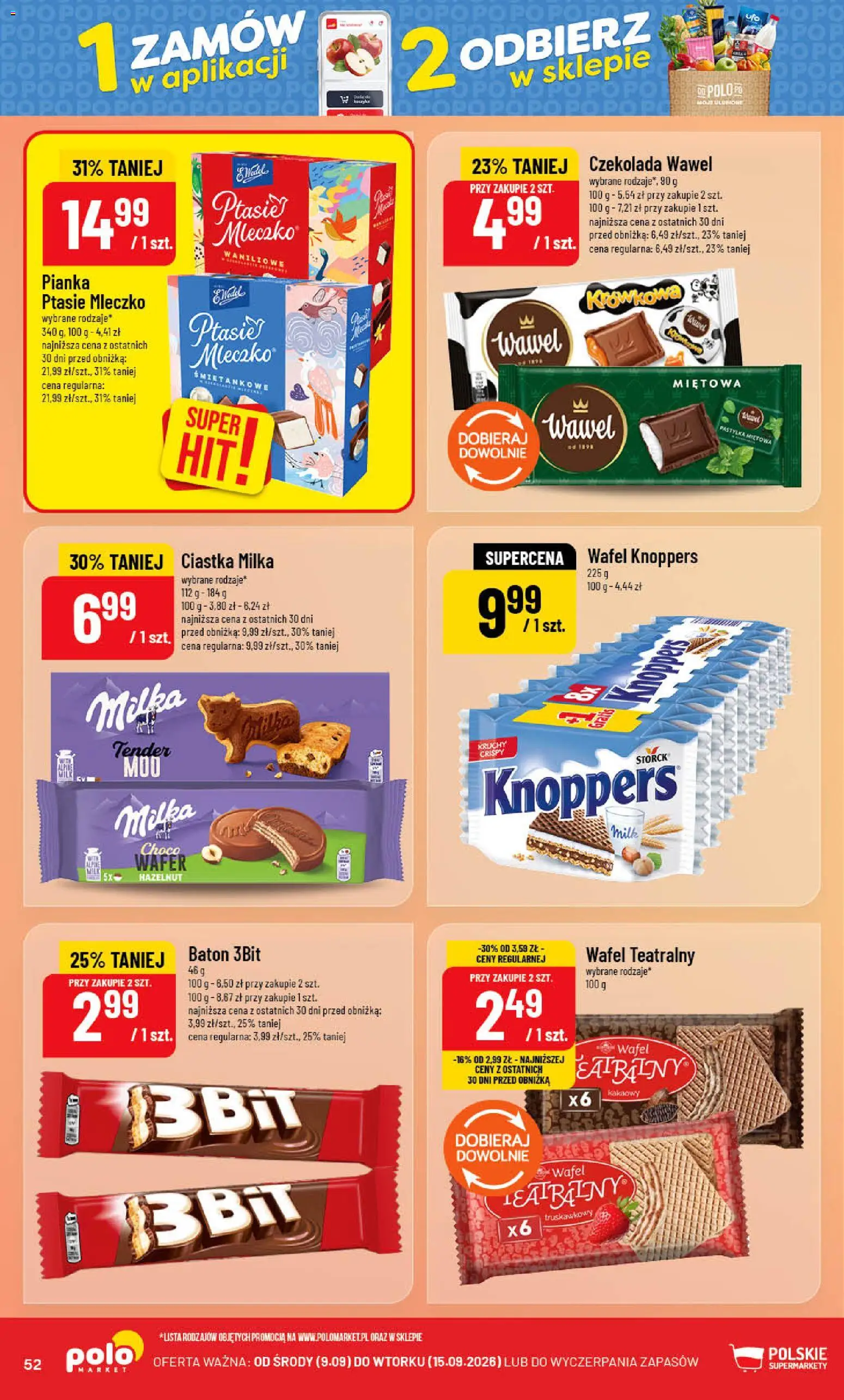 POLOmarket gazetka od 09.09.2026 | Strona: 52 | Produkty: Knoppers, Baton, Ptasie mleczko, Czekolada