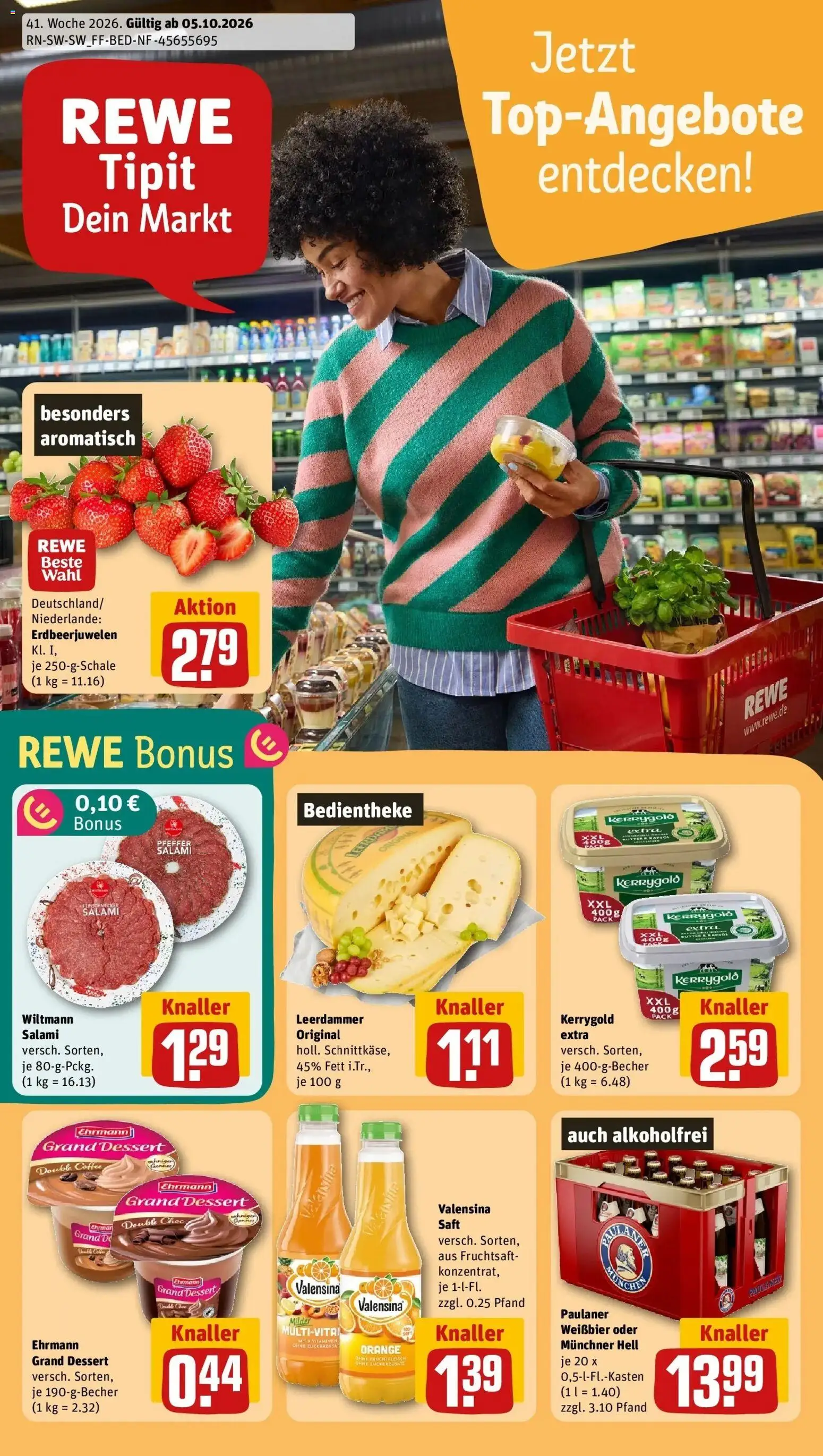 REWE Prospekt ab 05.10.2026 zum Blättern » Angebote | Seite: 1 | Produkte: Weißbier, Valensina, Saft, Paulaner