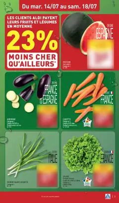 Aldi - Prévisualisation de AUBERGINE, Catégorie 1. Calibre 300/400 g. Produit vendu en vrac. valide à partir de 14/07/2026 | Page: 5 | Produits: Salade, Carottes, Pastèque, Oignons