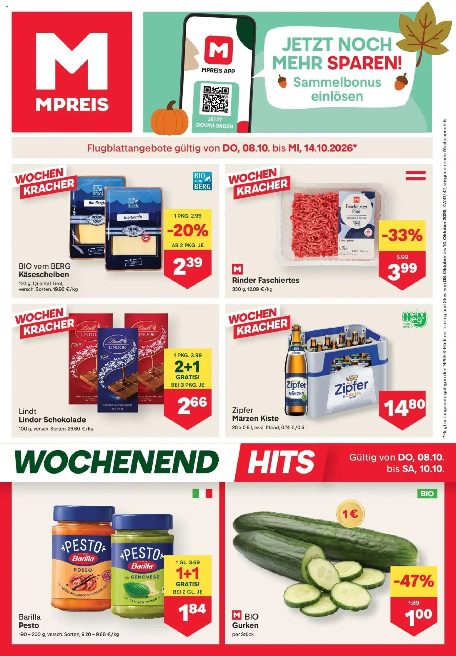 MPREIS Steyr gültig ab 08.10.2026 | Seite: 1 | Produkte: Gurken, Barilla, Milch, Schokolade