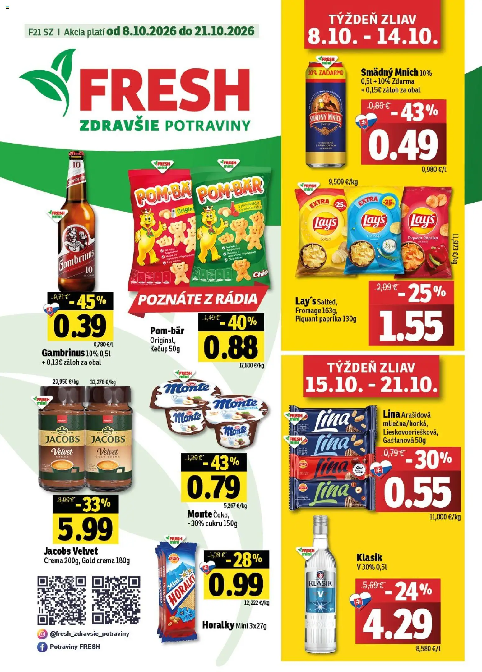 Nové Fresh akcie – leták je platný od 08.10.2026 | Strana: 1 | Produkty: Paprika, Jacobs Velvet, Gambrinus, Horálky