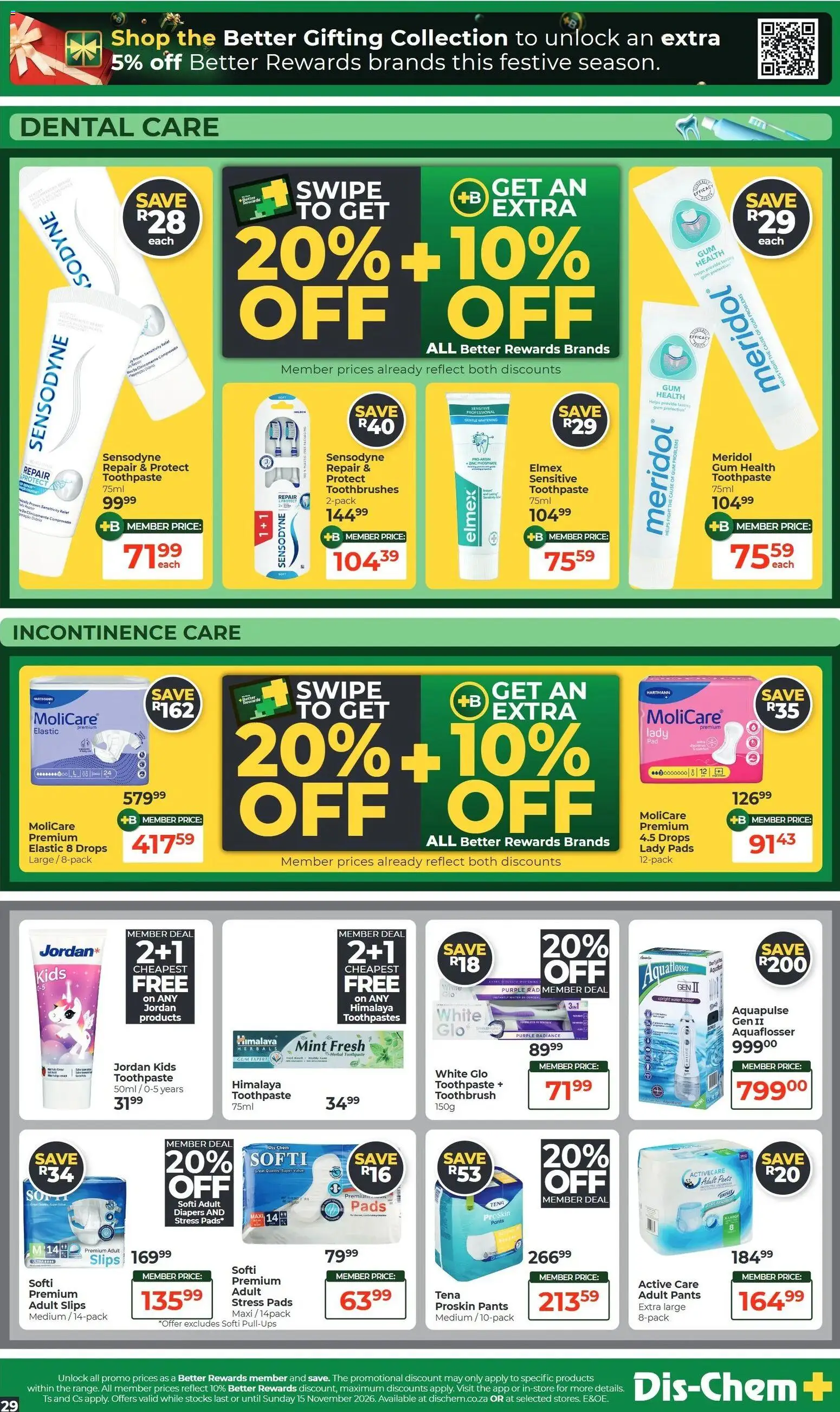 New Dis-Chem catalogue – valid from 20/10/2026 | Page: 29 | Products: Diapers, Pads, Water, Toothbrush