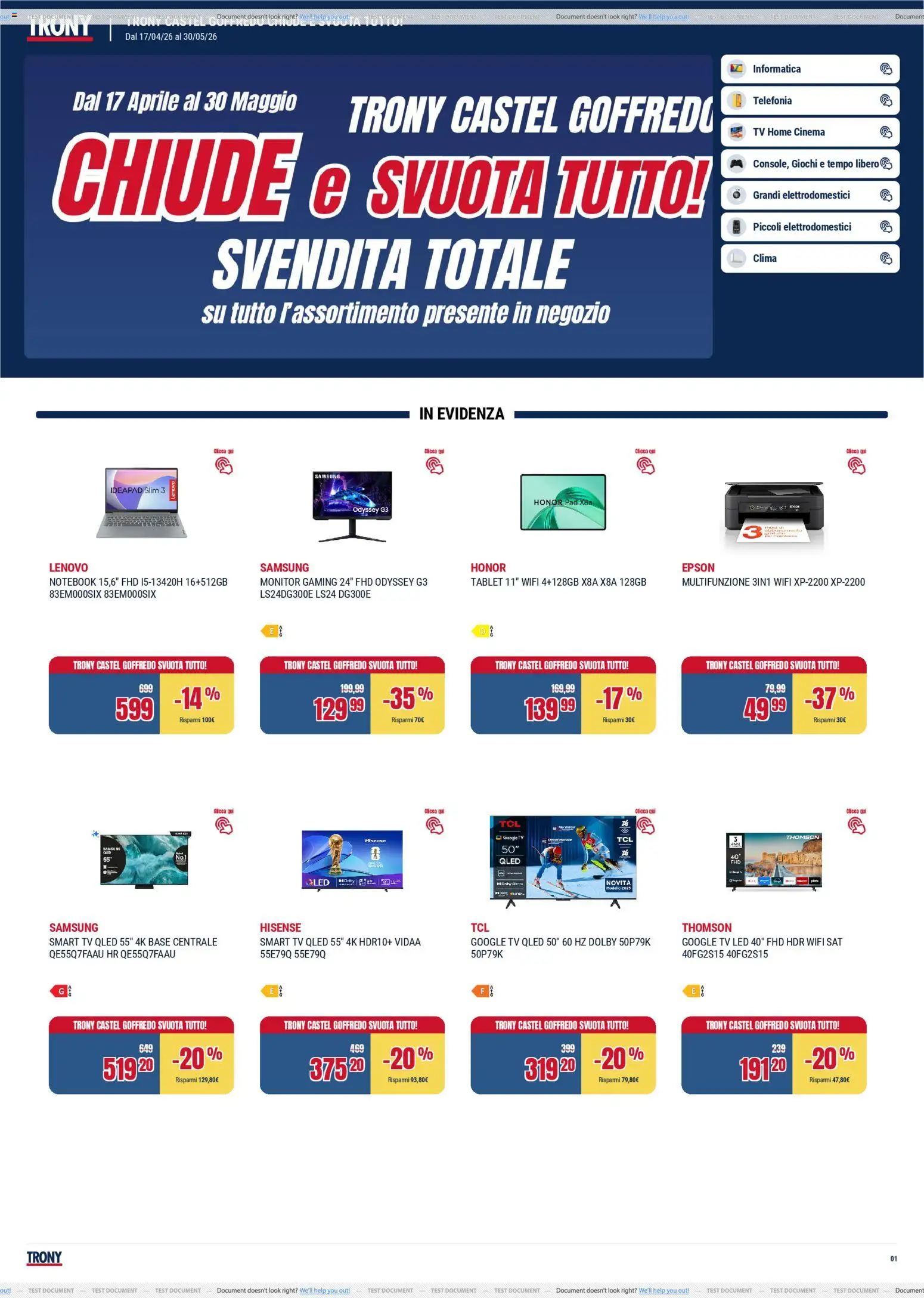 Volantino Trony del 17.04.2026 | Pagina: 1 | Prodotti: Monitor, smart TV, Tablet, TV