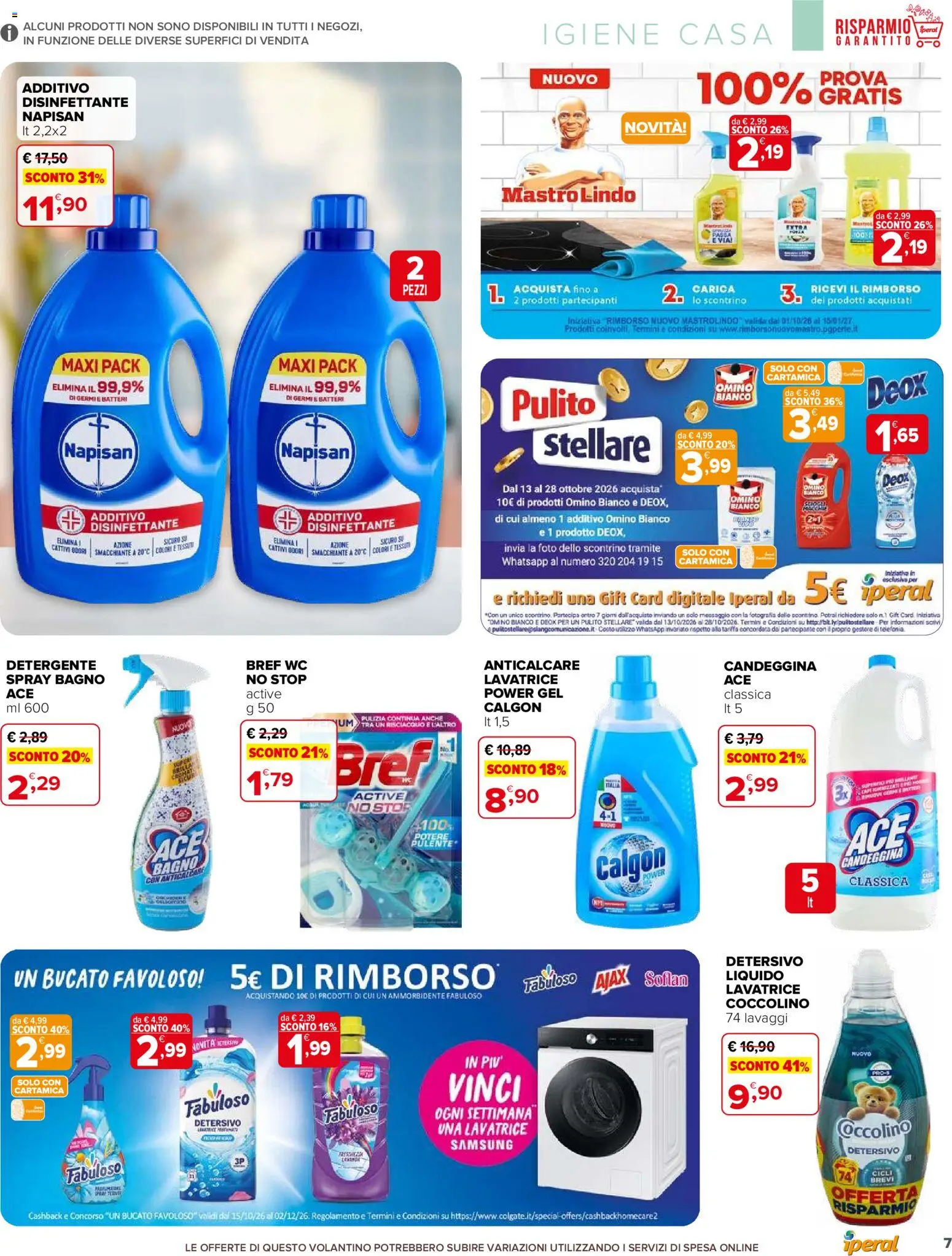 Volantino Iperal del 14/10/2026 | Pagina: 7 | Prodotti: Detergente, Anticalcare, WC, Samsung