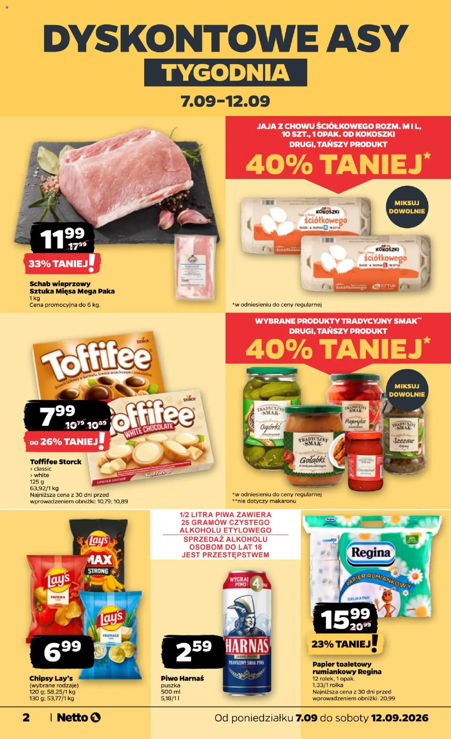 Netto gazetka od poniedziałku od 07.09.2026 | Strona: 2 | Produkty: Potato chips, Schab, Toffifee, Piwo