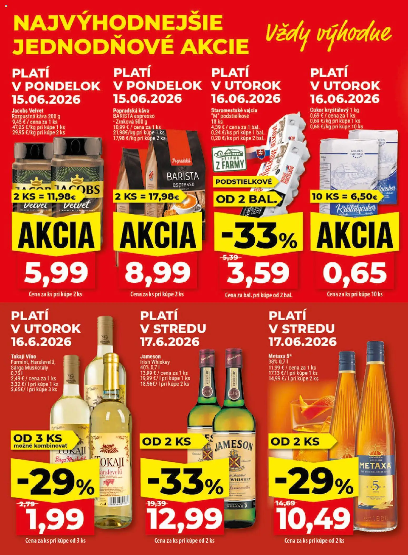 Nové Klas akcie – leták je platný od 15.06.2026 | Strana: 2 | Produkty: Jacobs Velvet, Metaxa, Popradská káva, Víno