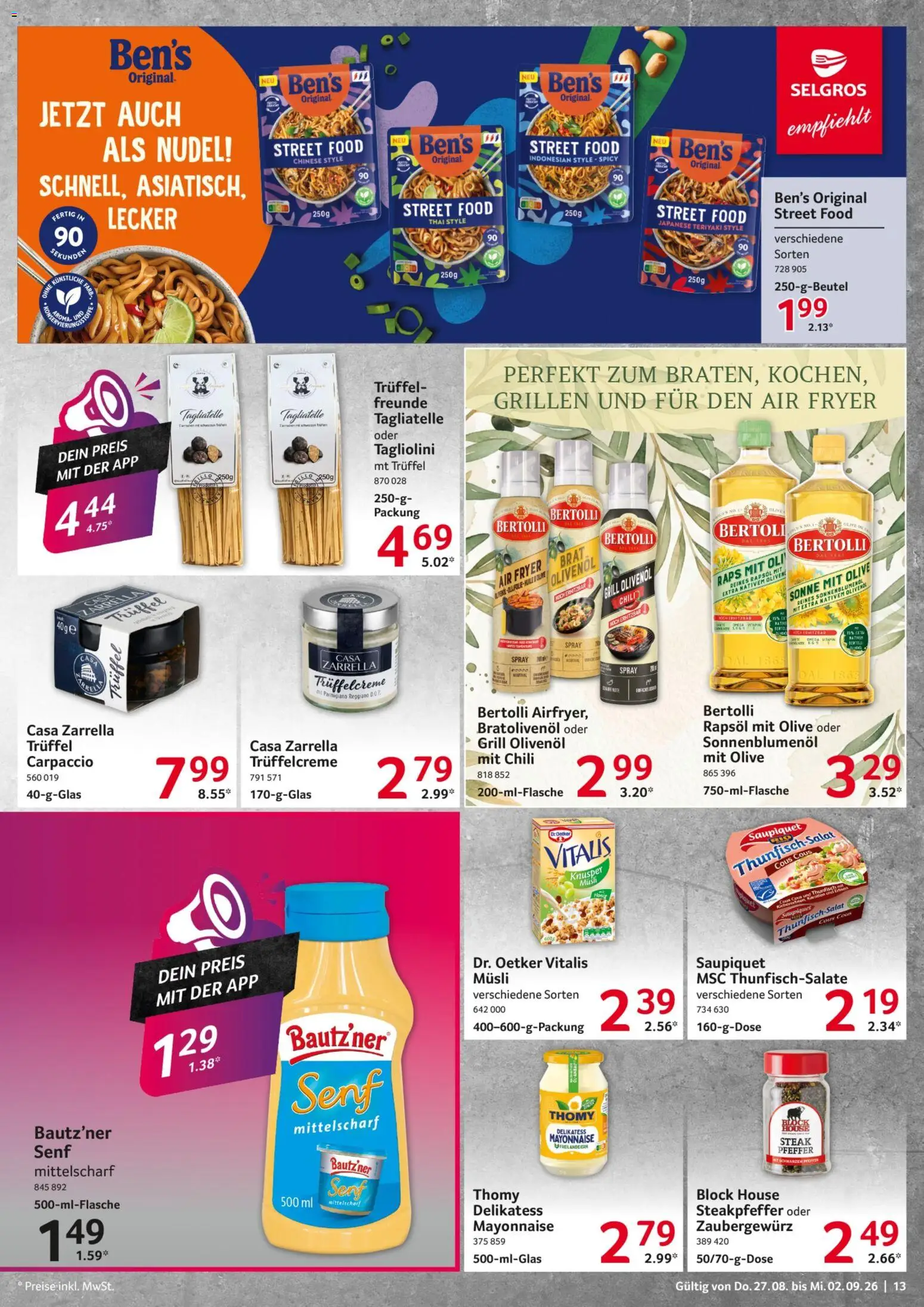 Selgros Prospekt – gültig ab 27.08.2026 | Seite: 13 | Produkte: Musli, Öl, Thunfisch, Salat