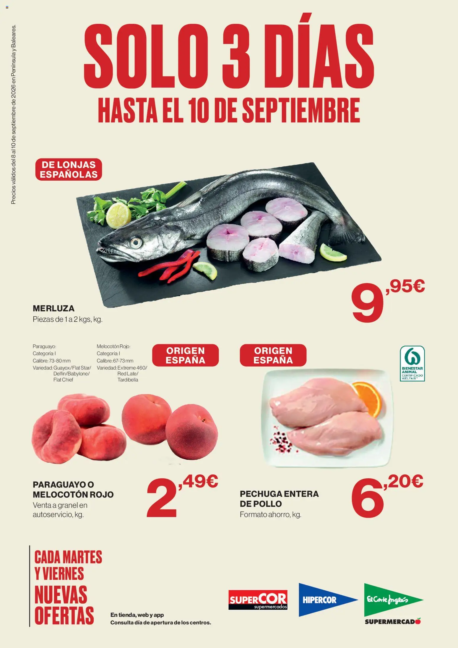 El Corte Inglés Solo 3 dias │ válido desde el 08/09/2026 | Página: 1 | Productos: Melocotón rojo, Pollo