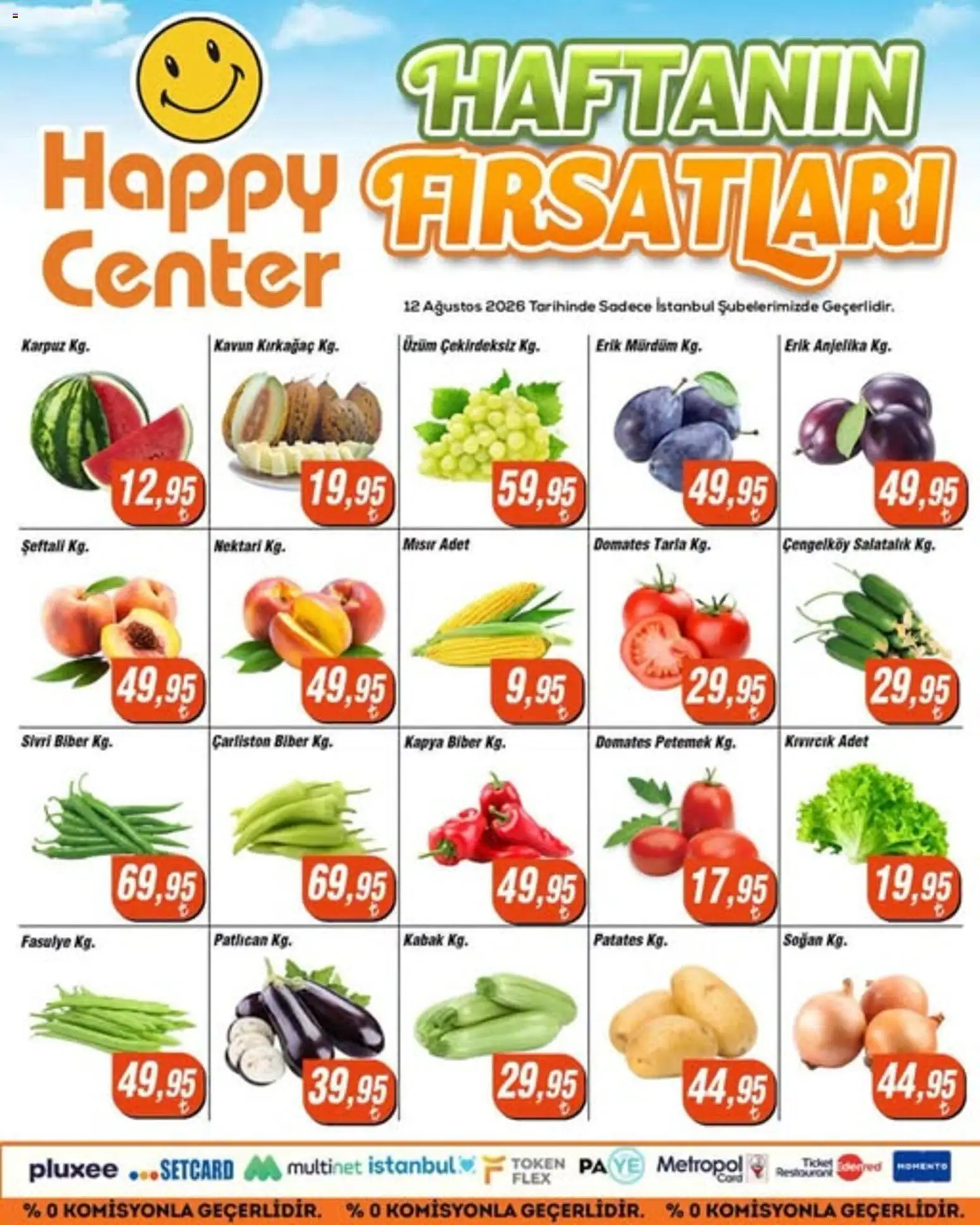 Happy Center - Manav - 12 Ağustos 2026 tarihinden itibaren geçerlidir | Sayfa: 1 | Ürünler: Kabak, Domates, Patlıcan, Şeftali
