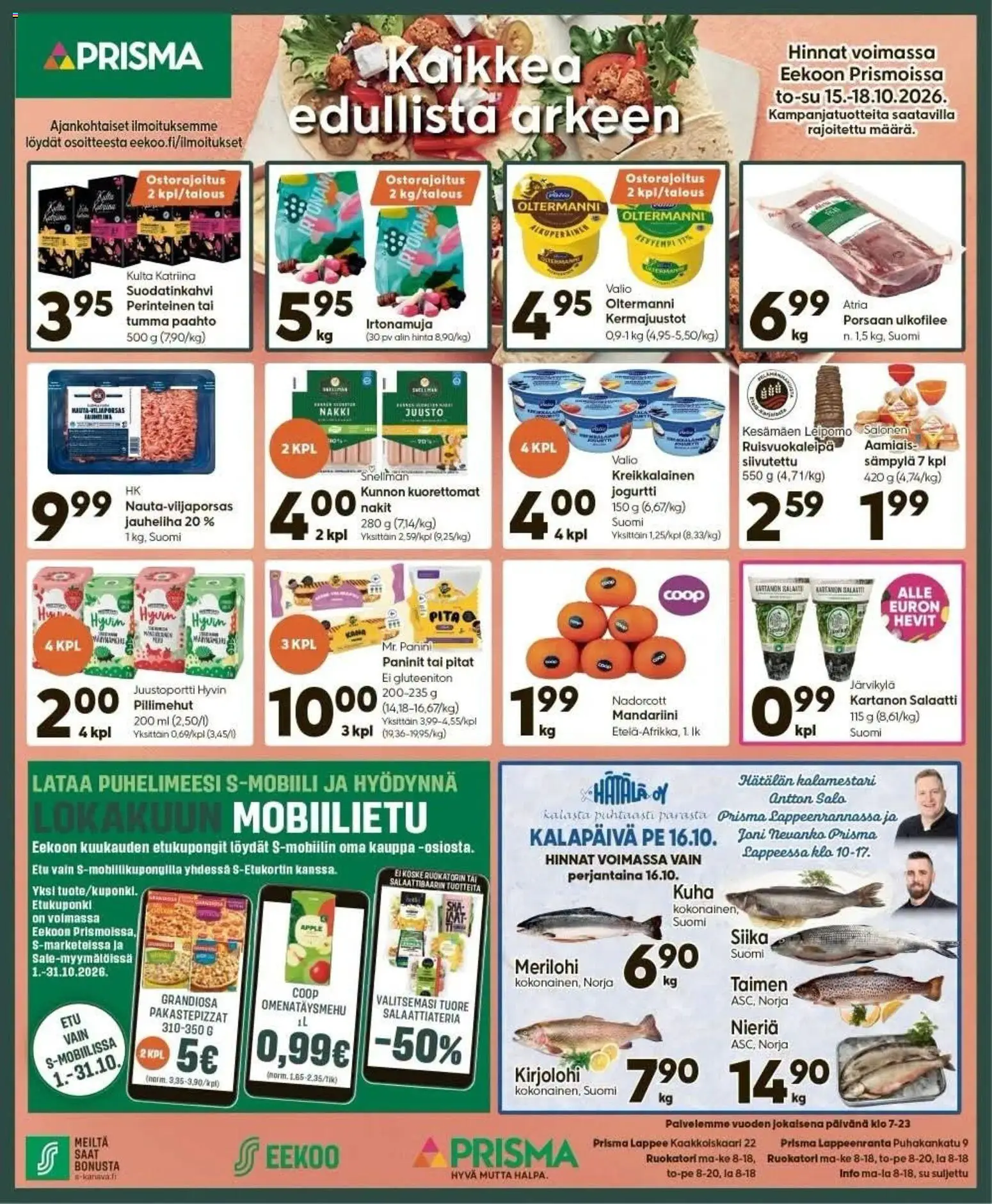 Prisma tarjoukset – voimassa 15/10/2026 alkaen | Sivu: 1 | Tuotteet: Jauheliha, Nakit, Juusto, Salaatti