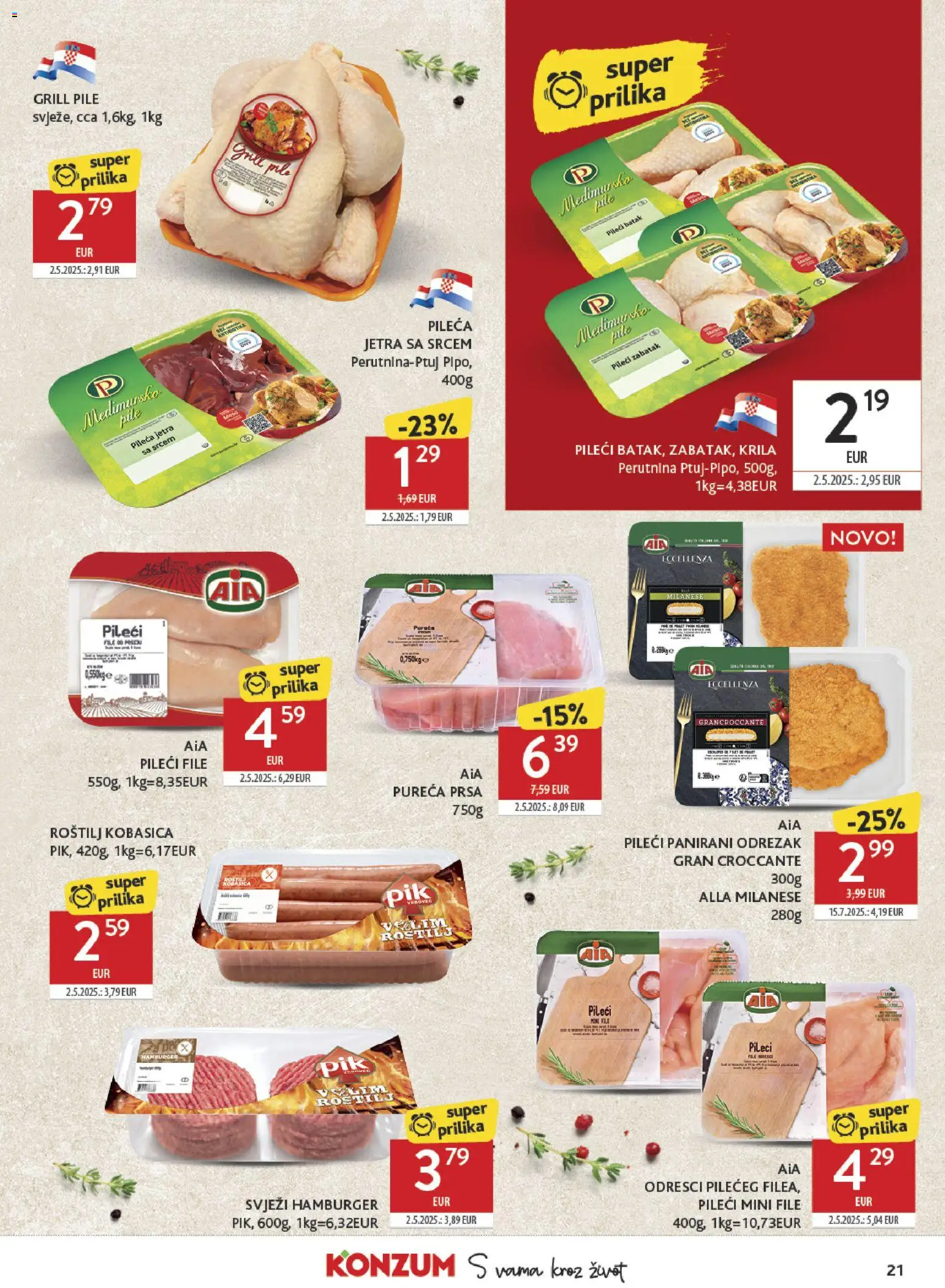 Konzum katalog | vrijedi od 27.05.2026 | Stranica: 21 | Proizvodi: Roštilj, Pileći file, Kobasica, Hamburger