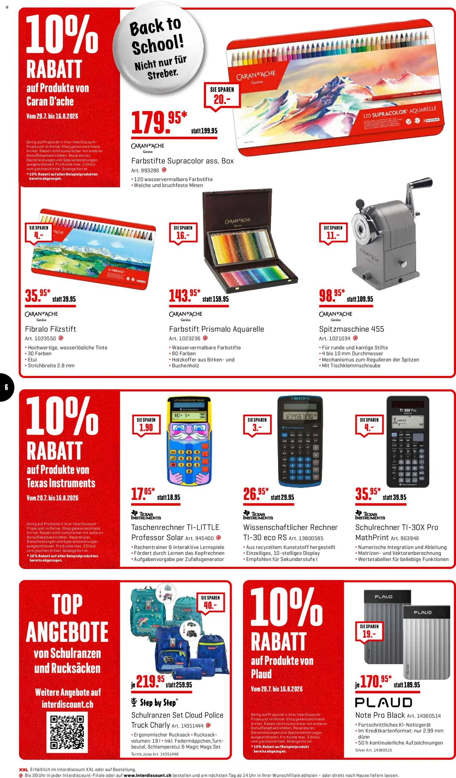 Interdiscount aktionen Back to school – gültig ab 20.07.2026 | Seite: 6 | Produkte: Box, Rucksack, Uhr, Taschenrechner