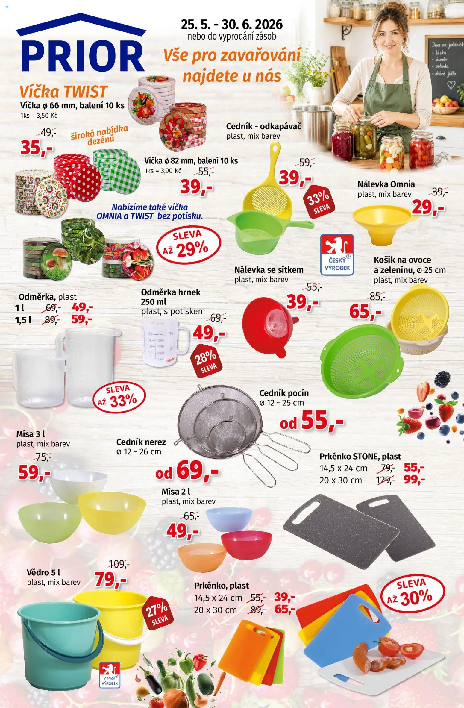 Prior - Akční Nabídka Domácích Potřeb od 25.05.2026 | Strana: 1 | Produkty: Ovoce, Hrnek, Cedník, Prkénko