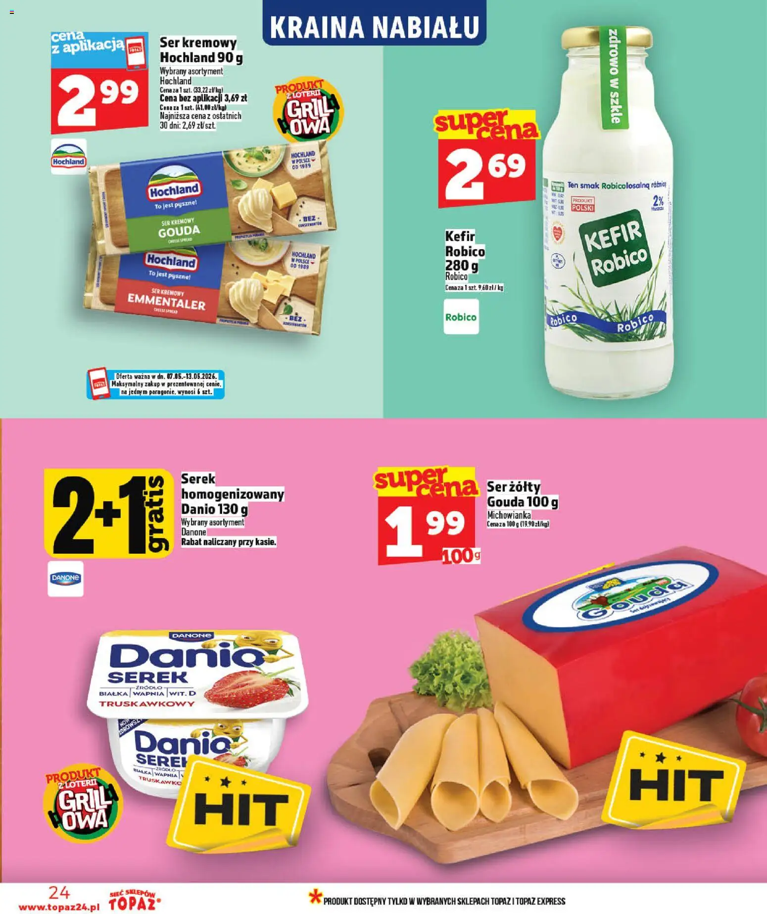 Topaz gazetka - MAZ od 07.05.2026 | Strona: 24 | Produkty: Ser żółty, Kefir, Serek, Grill