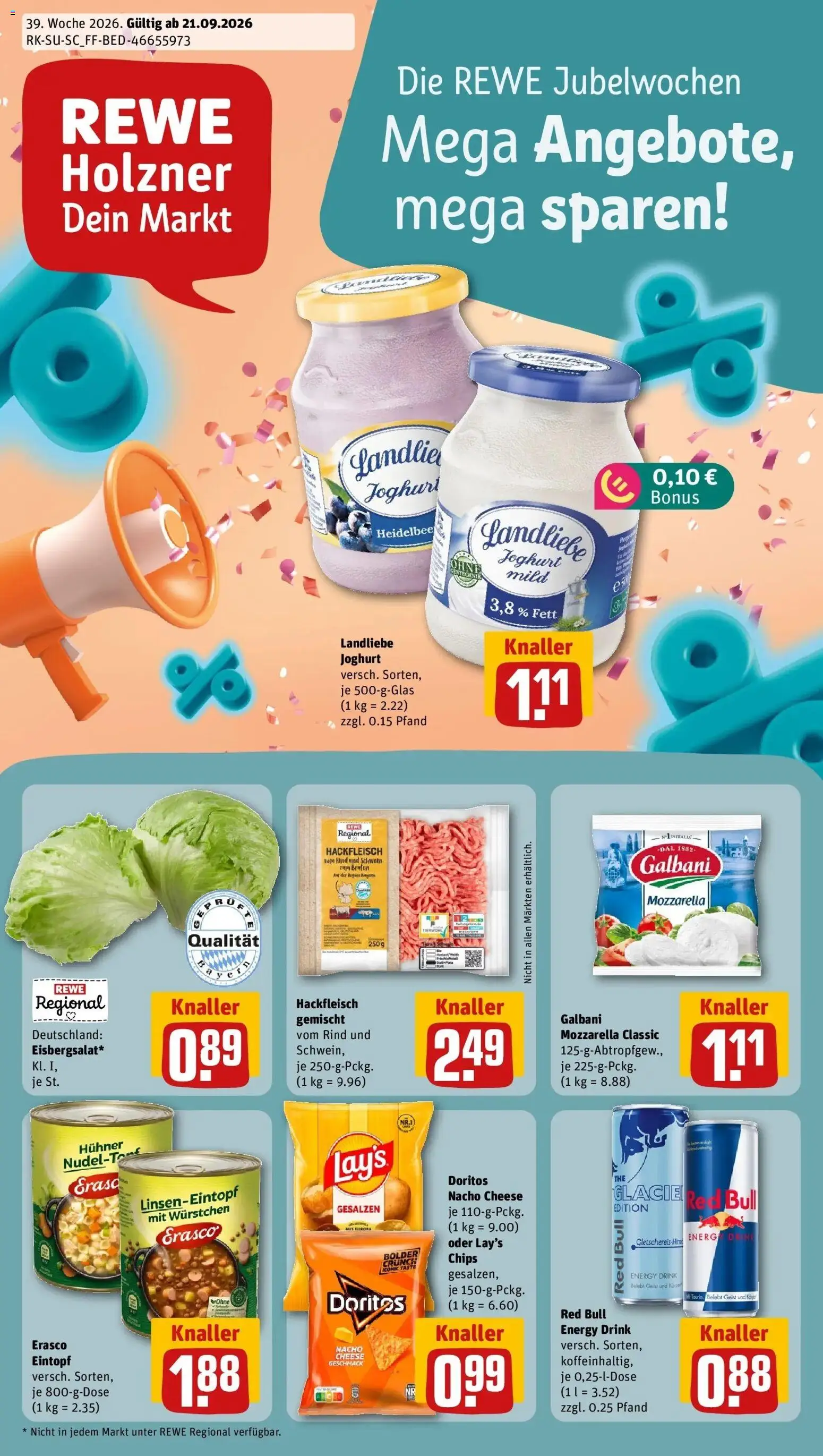 REWE Prospekt ab 21.09.2026 zum Blättern » Angebote | Seite: 1 | Produkte: Red bull, Mozzarella, Erasco, Hackfleisch