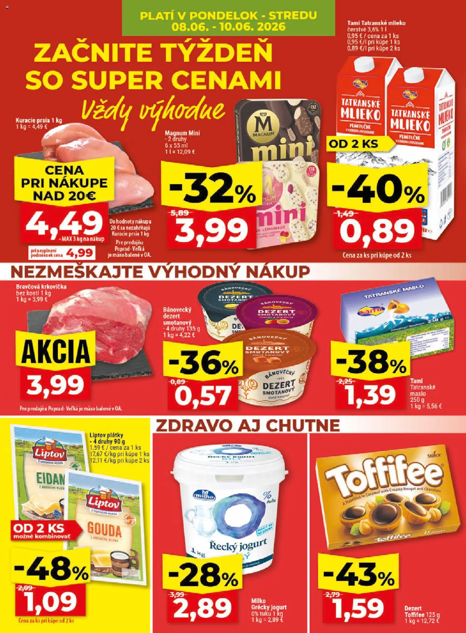 Nové Klas akcie – leták je platný od 08.06.2026 | Strana: 4 | Produkty: Bravčová krkovička, Kuracie prsia, Magnum, Tatranské maslo