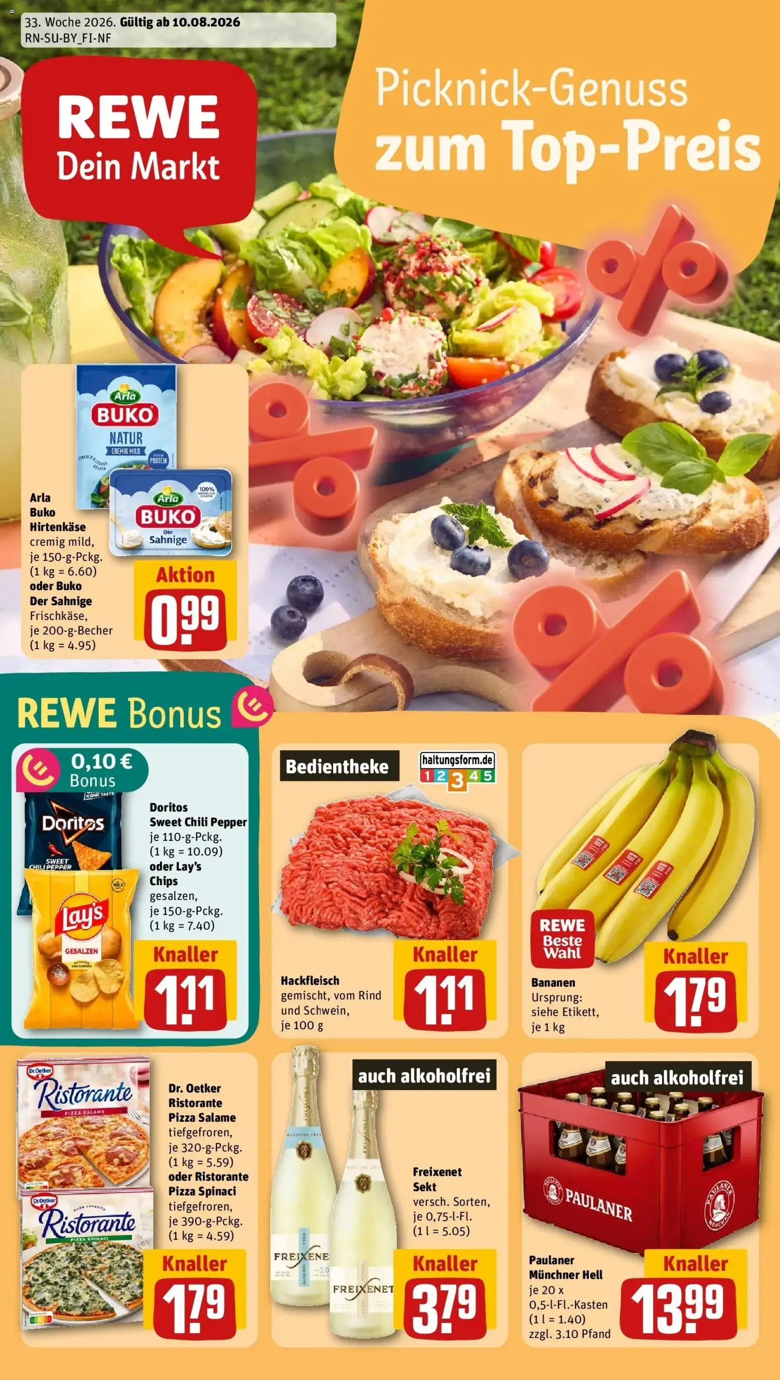 REWE Prospekt ab 10.08.2026 zum Blättern » Angebote | Seite: 1 | Produkte: Arla buko, Chili, Paulaner, Hackfleisch