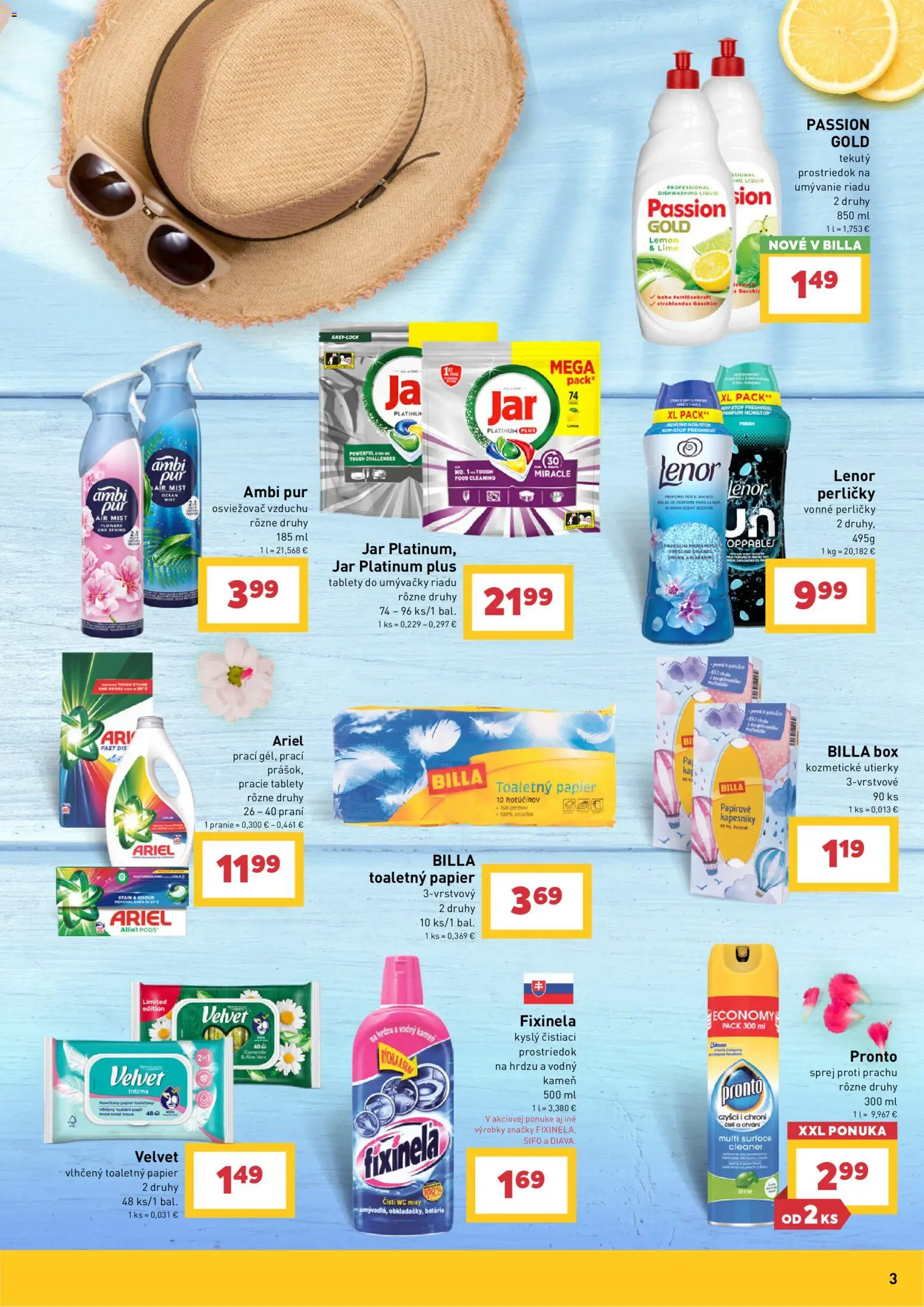 Nové Billa akcie – leták je platný od 08.07.2026 | Strana: 3 | Produkty: Osviežovač vzduchu, Wc, Tablety do umývačky riadu, Ariel