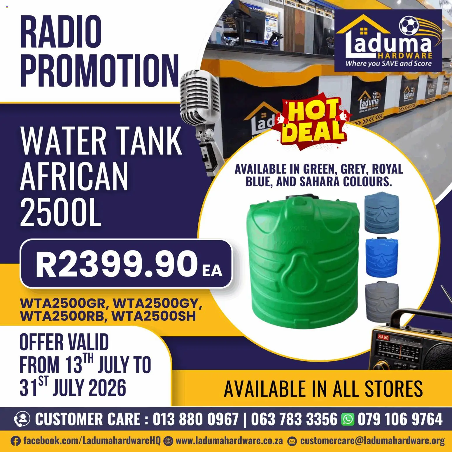 New Laduma Hardware catalogue – valid from 13/07/2026 | Page: 1 | Products: Radio, Tank, Water