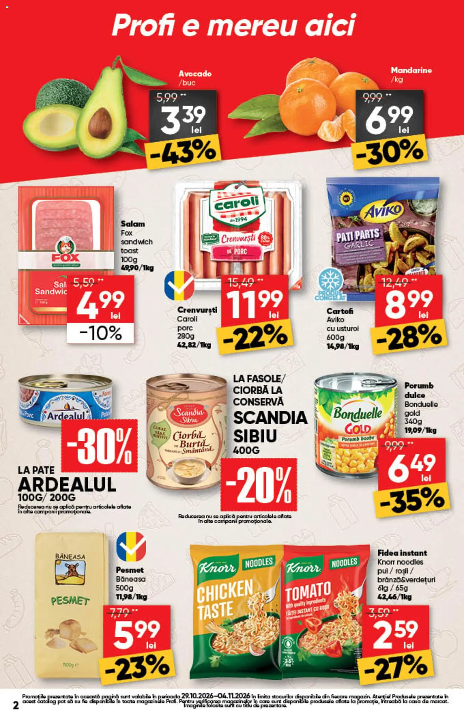 Noul catalog Profi – valabil de la 29.10.2026 | Pagină: 2 | Produse: Salam, Mandarine, Avocado, Porumb