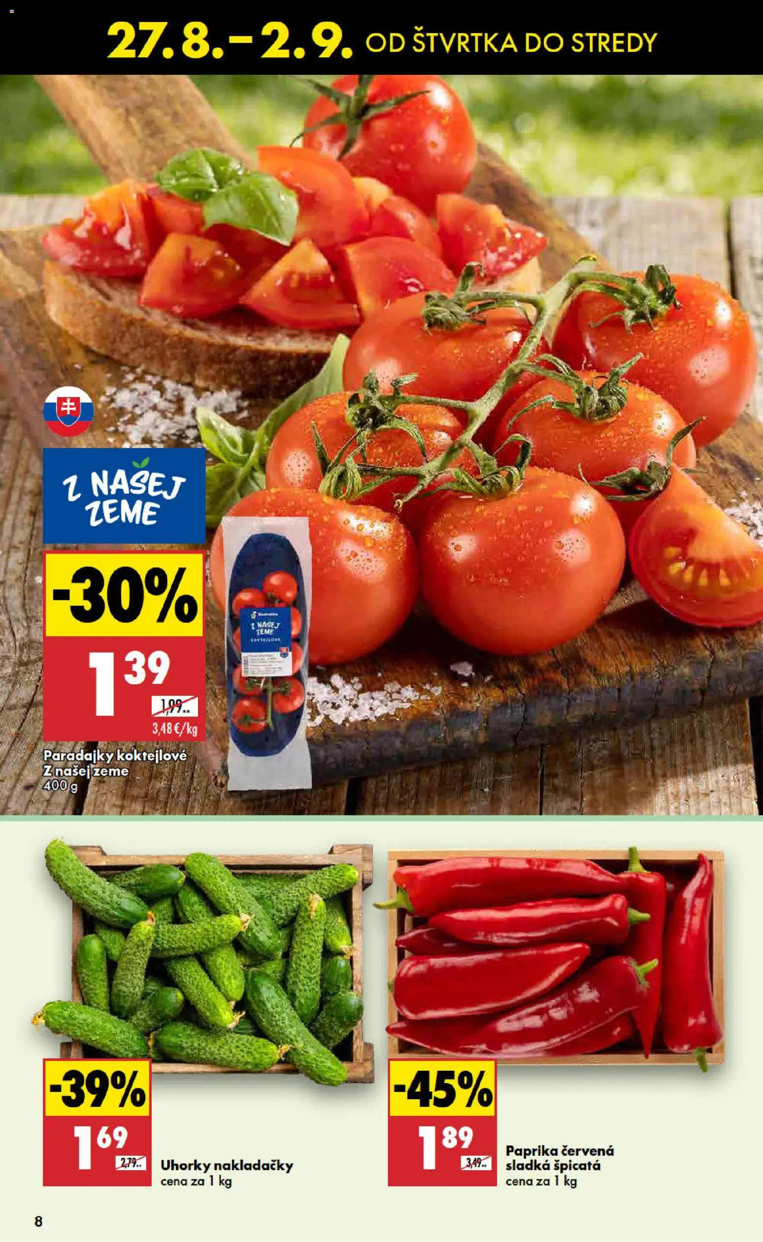 Nové Biedronka akcie – leták je platný od 27.08.2026 | Strana: 8 | Produkty: Paprika, Paradajky, Nakladačky uhorky, Uhorky