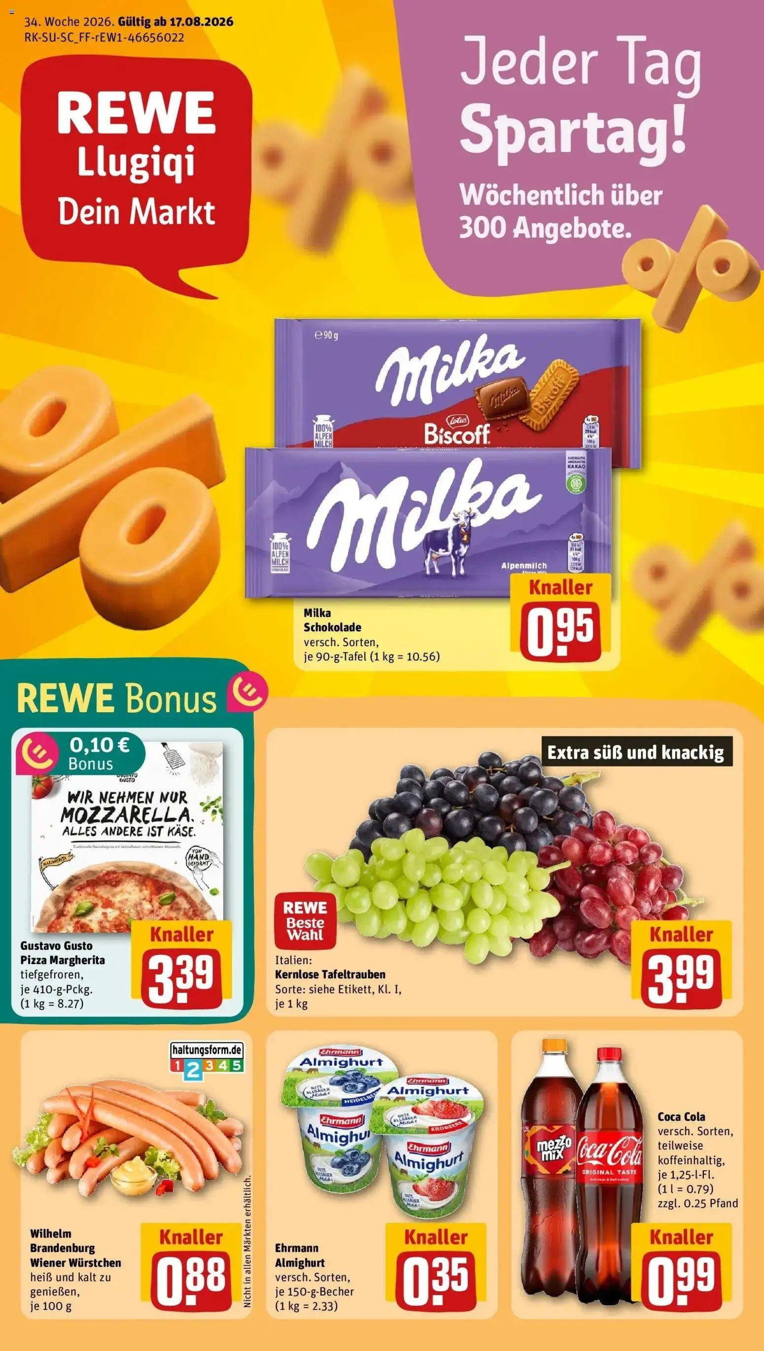 REWE Prospekt ab 17.08.2026 zum Blättern » Angebote | Seite: 1 | Produkte: Wiener wurstchen, Cola, Milch, Milka