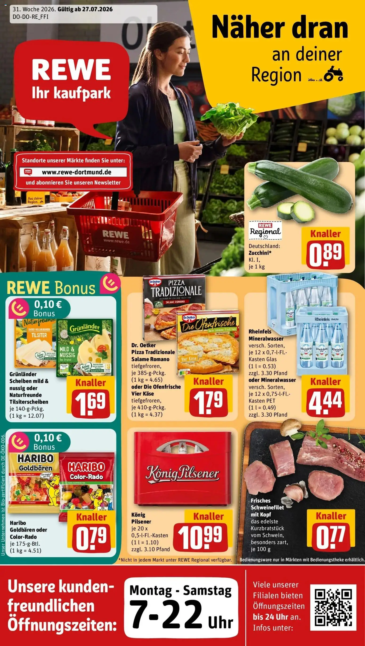 Rewe Prospekt Bottrop / Kirchhellen – gültig ab 27.07.2026 | Seite: 1 | Produkte: Haribo, Mineralwasser, Pizza, Uhr