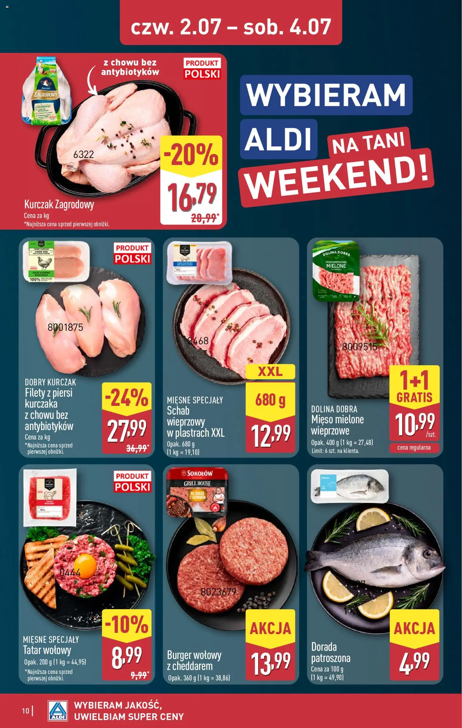 Aldi gazetka - Oferta weekendowa od 02.07.2026 | Strona: 10 | Produkty: Schab, Piersi, Mięso mielone, Dorada