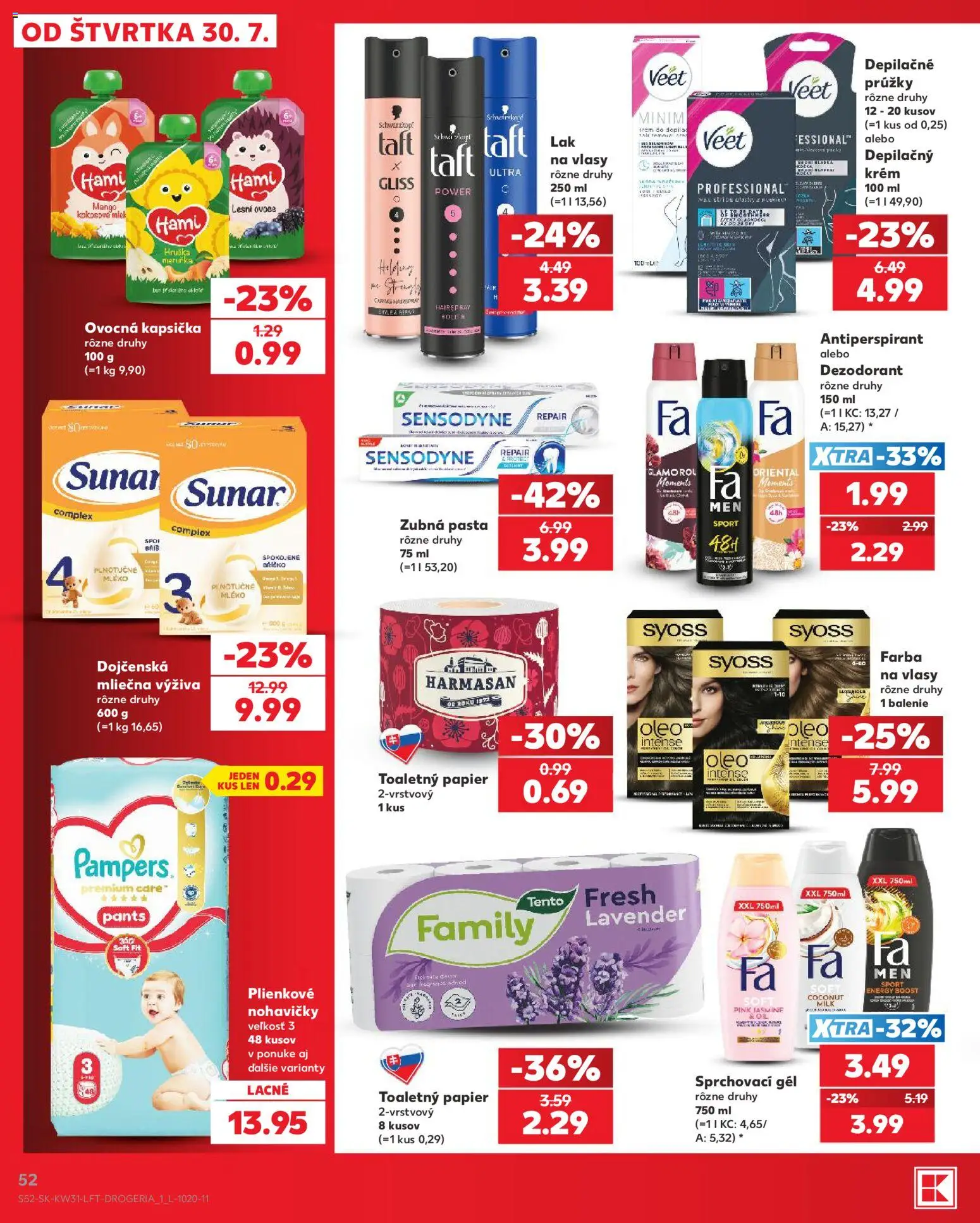 Nové Kaufland akcie – leták je platný od 30.07.2026 | Strana: 52 | Produkty: Toaletný papier, Sunar, Nohavičky, Pampers