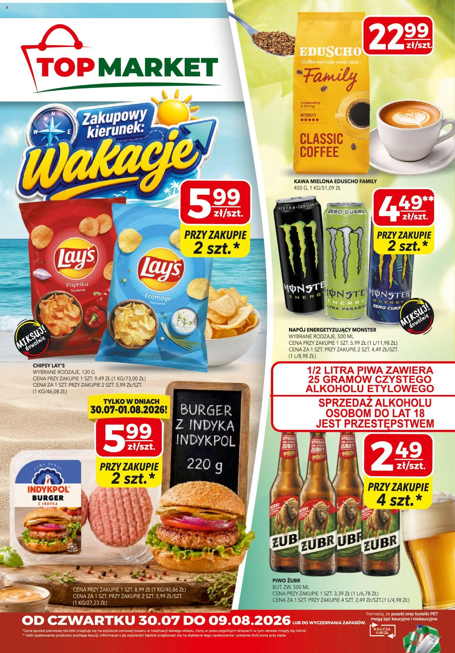 Top Market gazetka od 30.07.2026 | Strona: 1 | Produkty: Piwo żubr, Top, Chipsy, Piwo