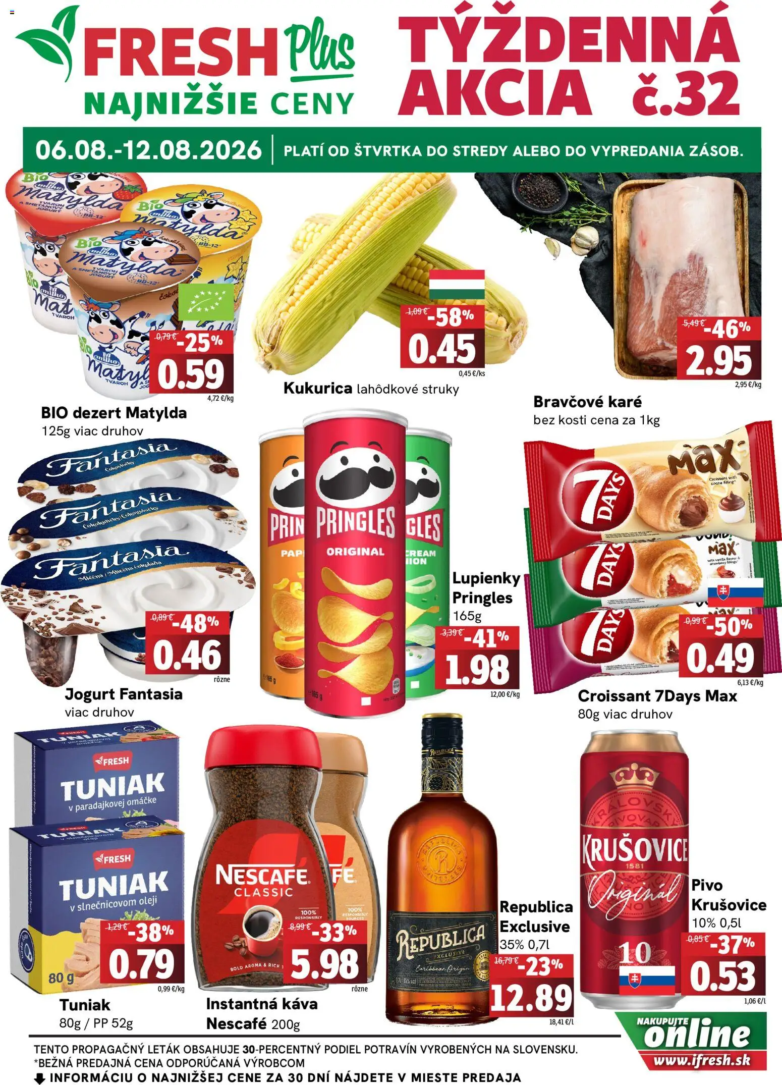 Nové Fresh akcie – leták je platný od 06.08.2026 | Strana: 1 | Produkty: Pivo, Croissant, Krušovice, Tvaroh