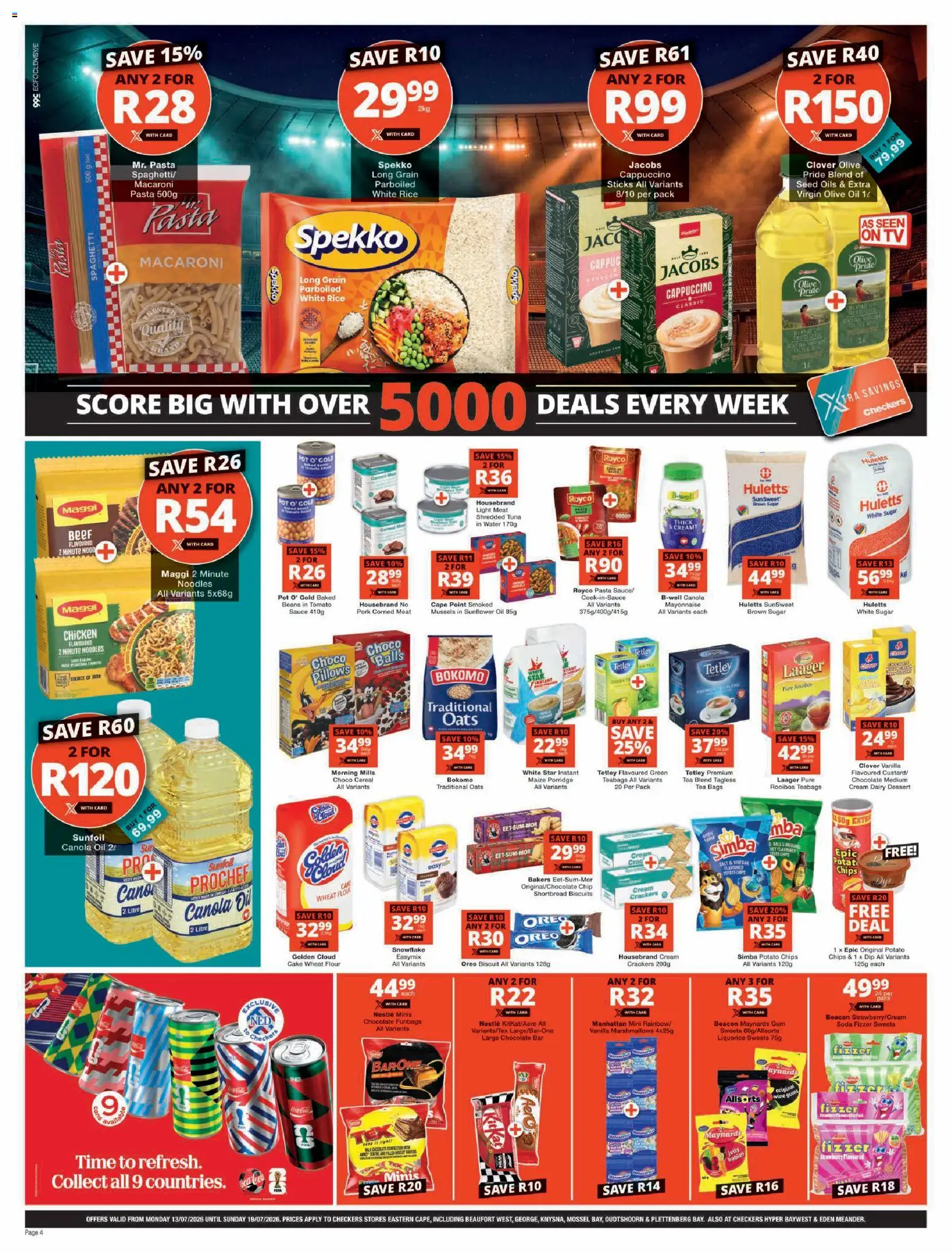 New Checkers catalogue – valid from 13/07/2026 | Page: 4 | Products: Chocolate, Pork, Noodles, Chips