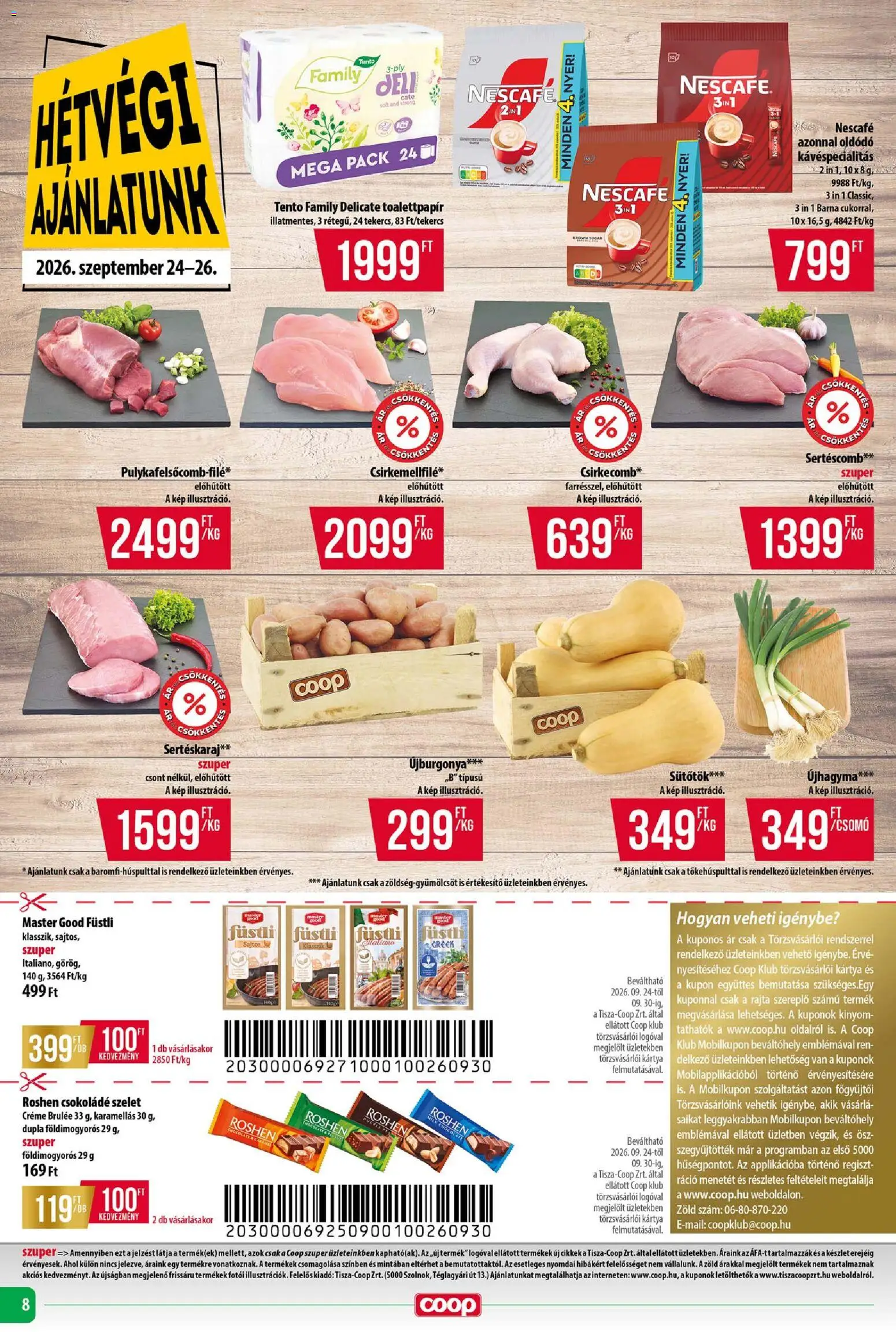 COOP akciós ujság - amely érvényes a következő dátumtól: 2026.09.24. | Oldal: 8 | Termékek: Nescafé, Sertéscomb, Csokoládé, Roshen