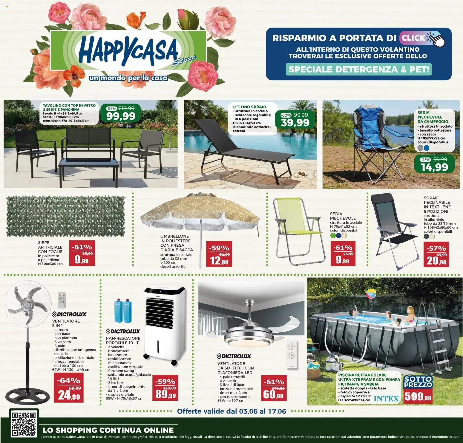 Volantino Happy Casa del 03.06.2026 | Pagina: 1 | Prodotti: Ventilatore, Telecomando, Ombrellone, Tavolo