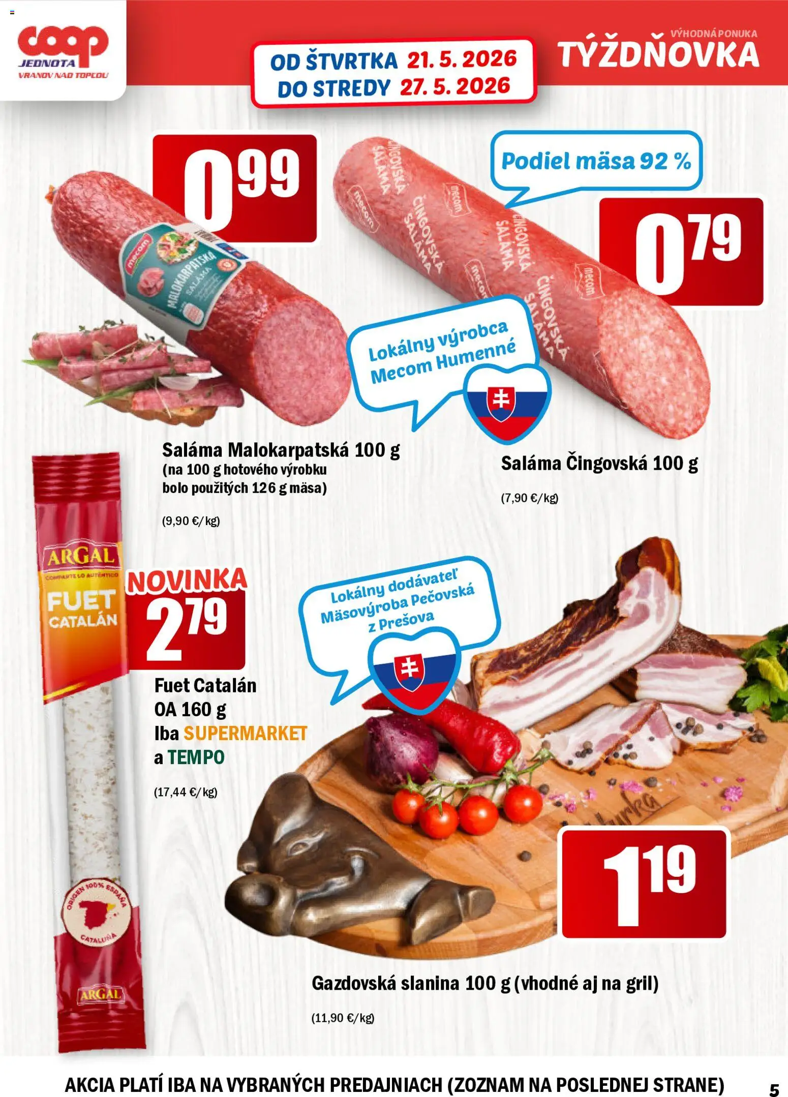 Nové COOP Jednota akcie – leták je platný od 21.05.2026 | Strana: 5 | Produkty: Gril, Saláma, Slanina