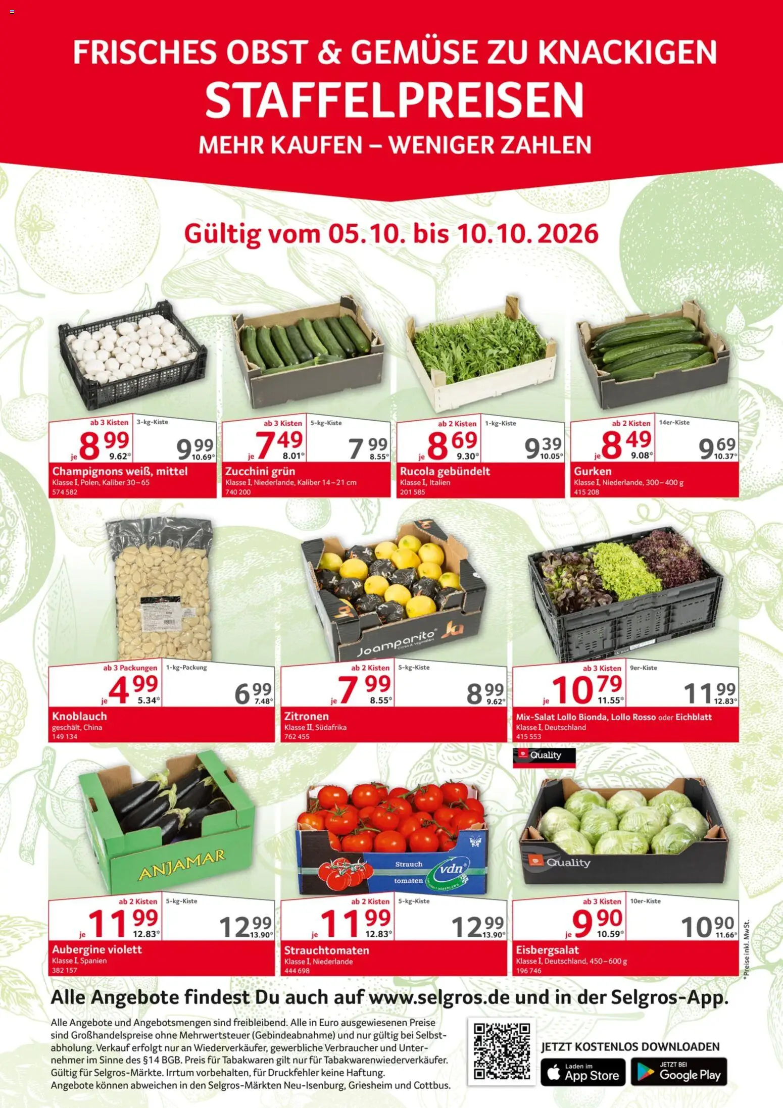 Selgros Obst & Gemüse – gültig ab 05.10.2026 | Seite: 1 | Produkte: Tomaten, Champignons, Zucchini, Zitronen