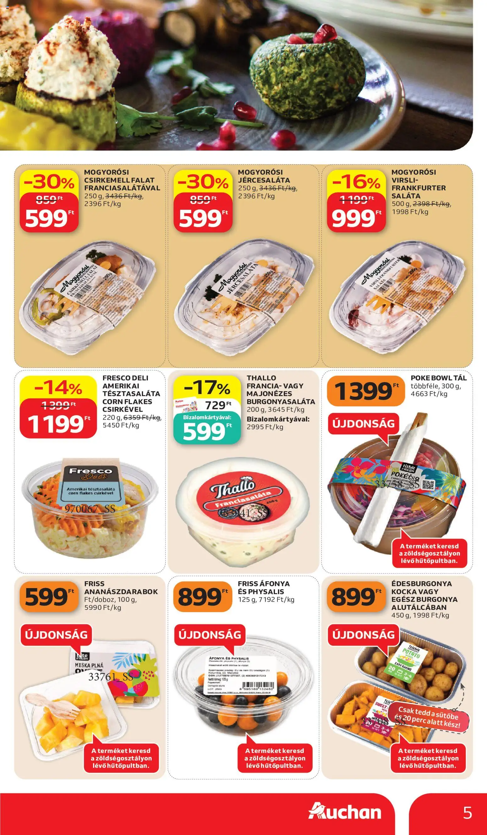 Auchan akciós ujság - amely érvényes a következő dátumtól: 2026.07.02. | Oldal: 5 | Termékek: Virsli, Édesburgonya, Saláta, Csirkemell