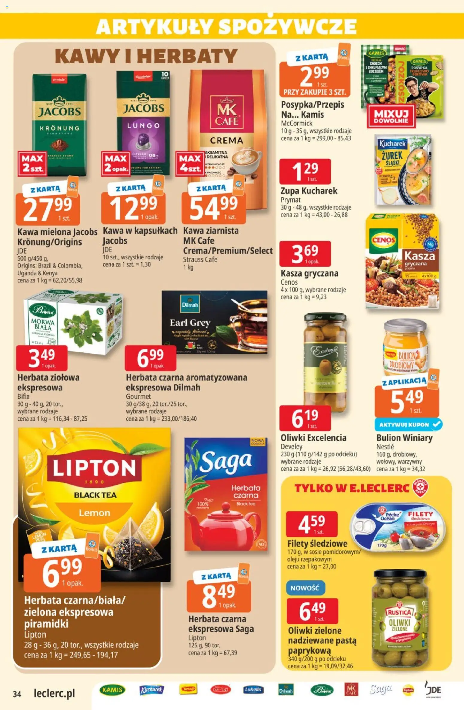 E.Leclerc gazetka od 20.10.2026 | Strona: 34 | Produkty: Kasza gryczana, Oliwki zielone, Kawa, Pasta