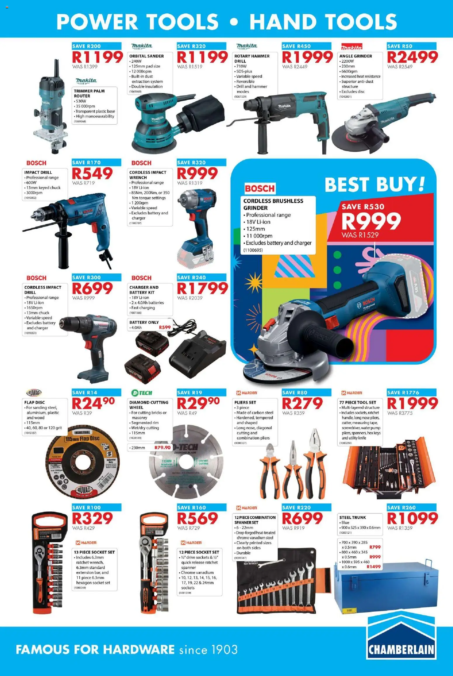New Chamberlain catalogue – valid from 21.05.2026 | Page: 9 | Products: Combination pliers, Battery, Charger, Angle grinder