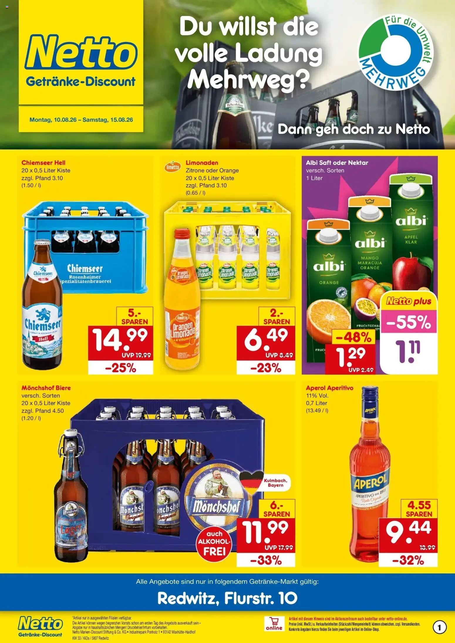 Netto Marken-Discount Prospekt Redwitz – gültig ab 10.08.2026 | Seite: 1 | Produkte: Monchshof, Limonade, Aperol, Saft