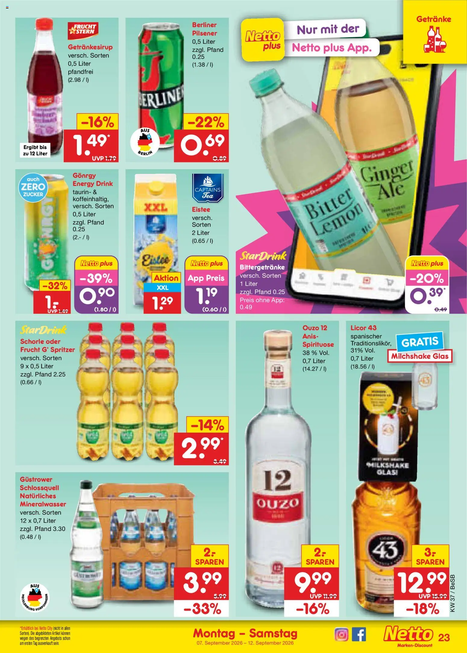 Netto Marken-Discount Prospekt – gültig ab 07.09.2026 | Seite: 33 | Produkte: Ouzo 12, Ouzo, Mineralwasser, Zucker