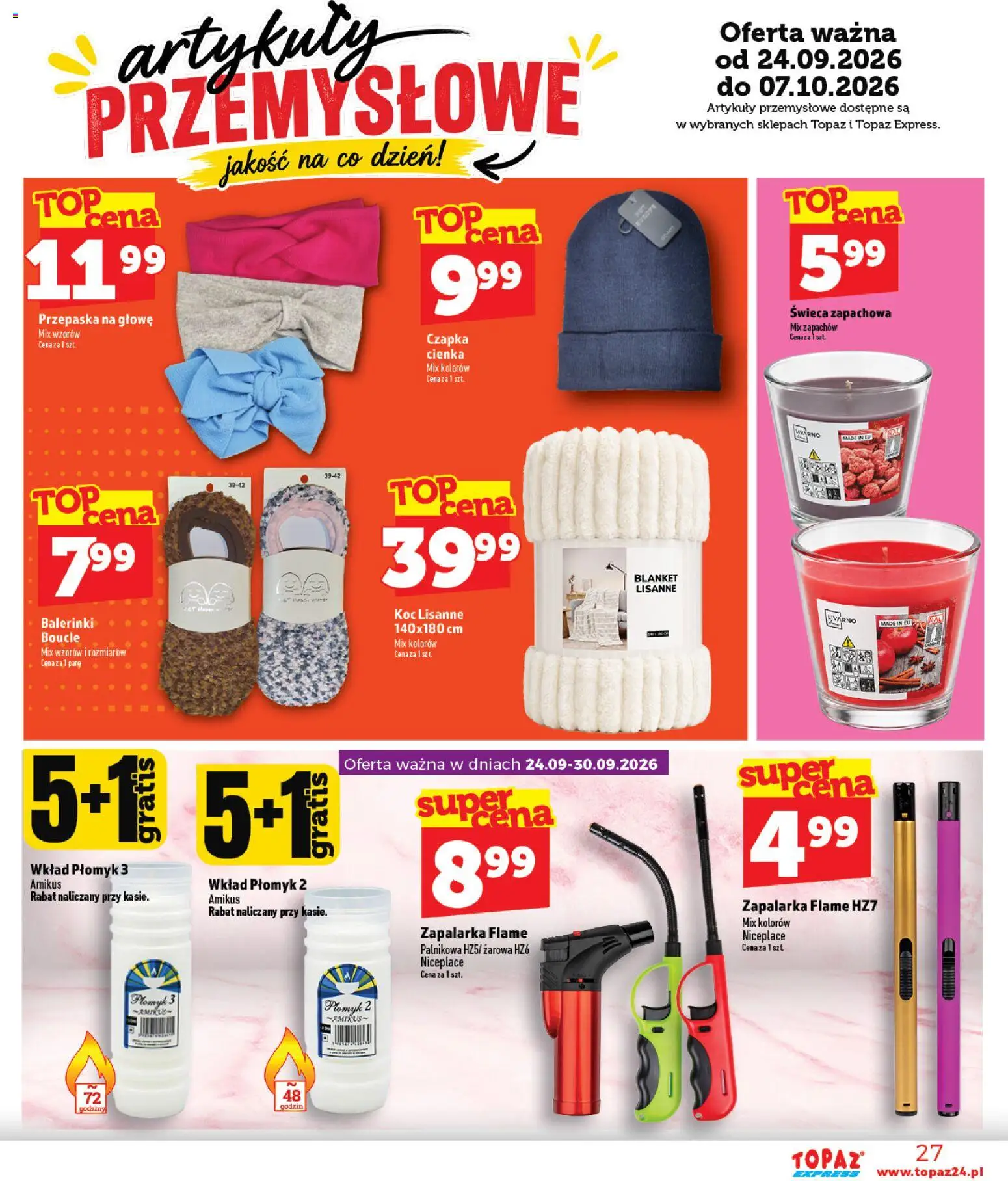 Topaz gazetka - Express od 24.09.2026 | Strona: 27 | Produkty: Czapka, Świeca, Koc, Artykuły przemysłowe
