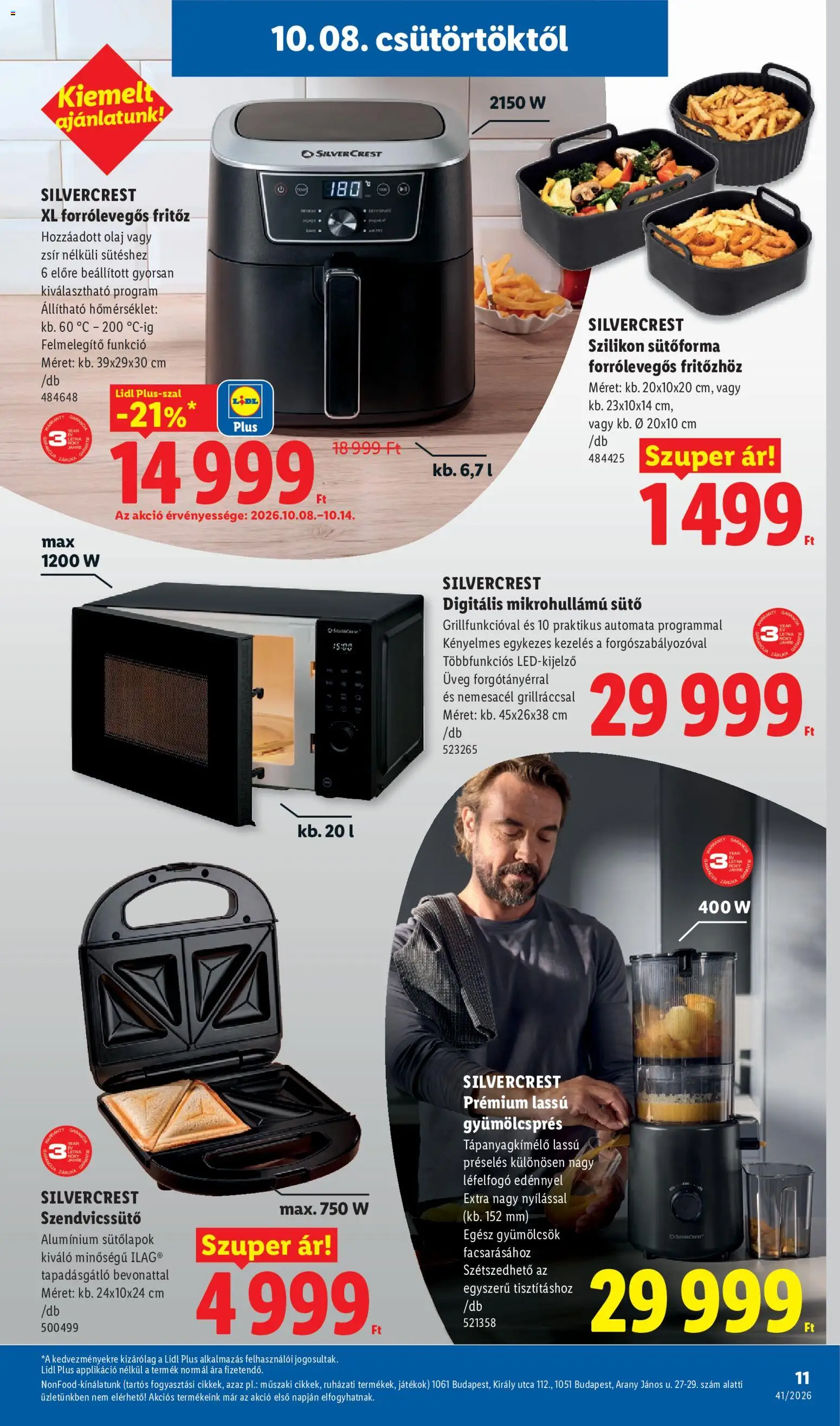 Lidl akciós ujság - amely érvényes a következő dátumtól: 2026.10.08. | Oldal: 11 | Termékek: Sütő, SilverCrest, Olaj, Lassú gyümölcsprés