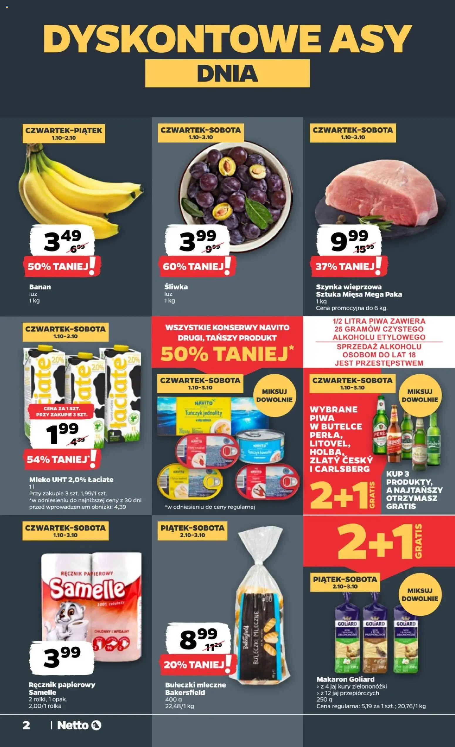 Netto gazetka od czwartku od 01.10.2026 | Strona: 2 | Produkty: Carlsberg, Mleko, Pasta, Banan