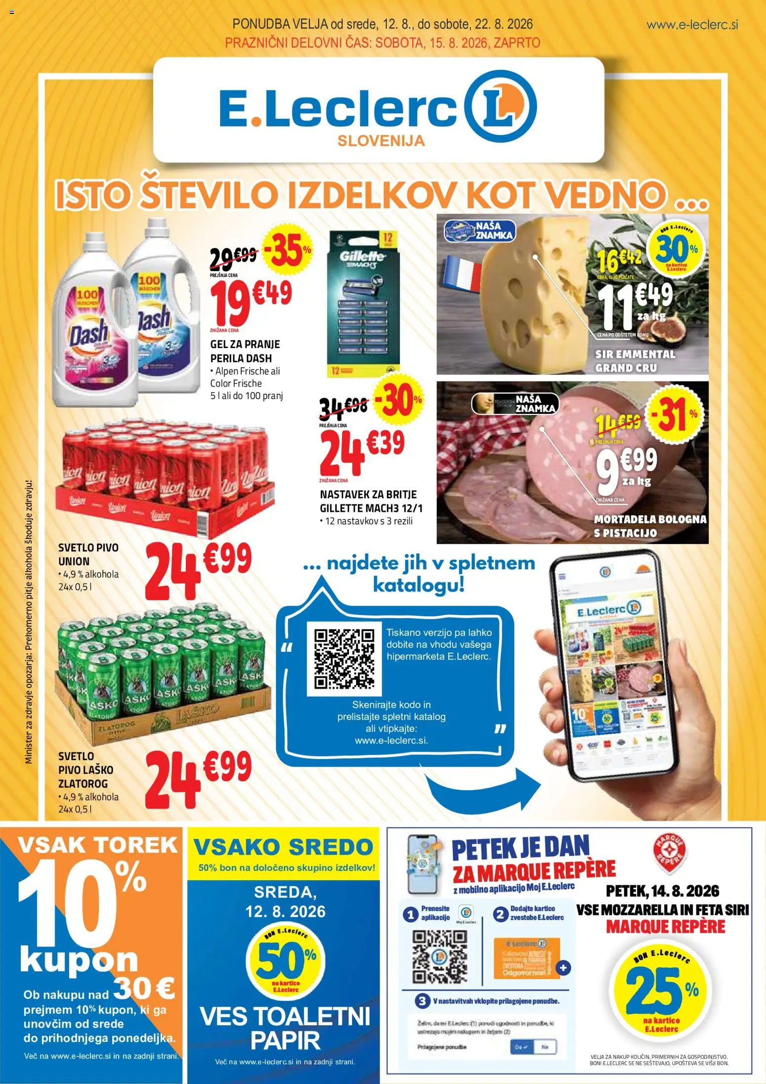 Novi E.leclerc katalog ponudbe – veljaven od 12.08.2026 | Stran: 1 | Izdelki: Mortadela, Mozzarella, Sir, Pivo